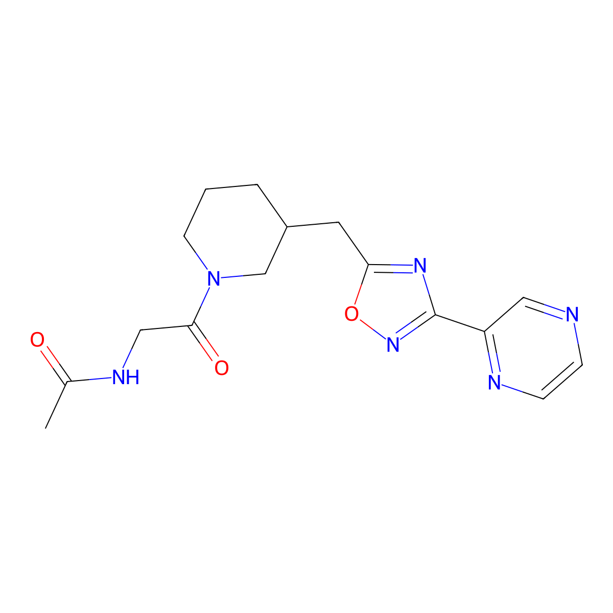 N-(2-oxo-2-(3-((3-(pyrazin-2-yl)-1,2,4-oxadiazol-5-yl)methyl)piperidin-1-yl)ethyl)acetamide molecular structure, CAS 1705256-23-0