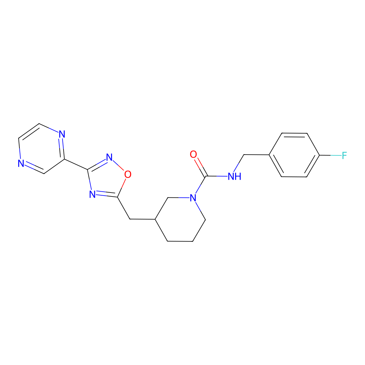 N-(4-fluorobenzyl)-3-((3-(pyrazin-2-yl)-1,2,4-oxadiazol-5-yl)methyl)piperidine-1-carboxamide molecular structure, CAS 1705257-11-9