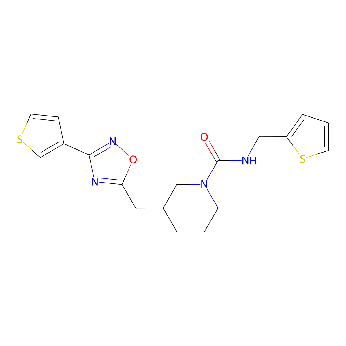 N-(thiophen-2-ylmethyl)-3-((3-(thiophen-3-yl)-1,2,4-oxadiazol-5-yl)methyl)piperidine-1-carboxamide molecular structure, CAS 1705257-84-6