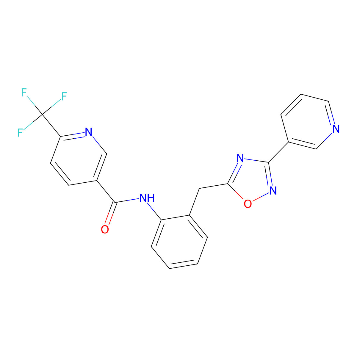 N-(2-((3-(pyridin-3-yl)-1,2,4-oxadiazol-5-yl)methyl)phenyl)-6-(trifluoromethyl)nicotinamide molecular structure, CAS 1705265-10-6