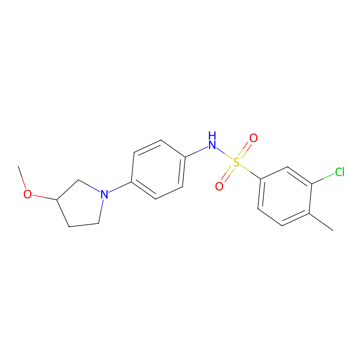 3-chloro-N-(4-(3-methoxypyrrolidin-1-yl)phenyl)-4-methylbenzenesulfonamide molecular structure, CAS 1705267-91-9
