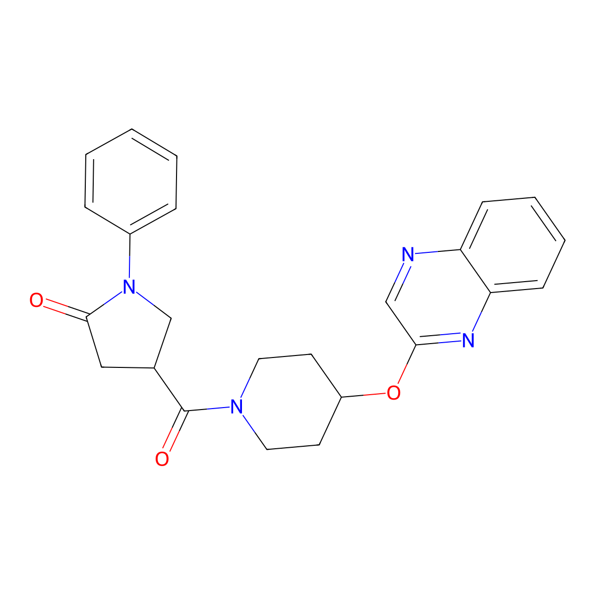 1-Phenyl-4-[4-(quinoxalin-2-yloxy)piperidine-1-carbonyl]pyrrolidin-2-one molecular structure, CAS 1705270-33-2