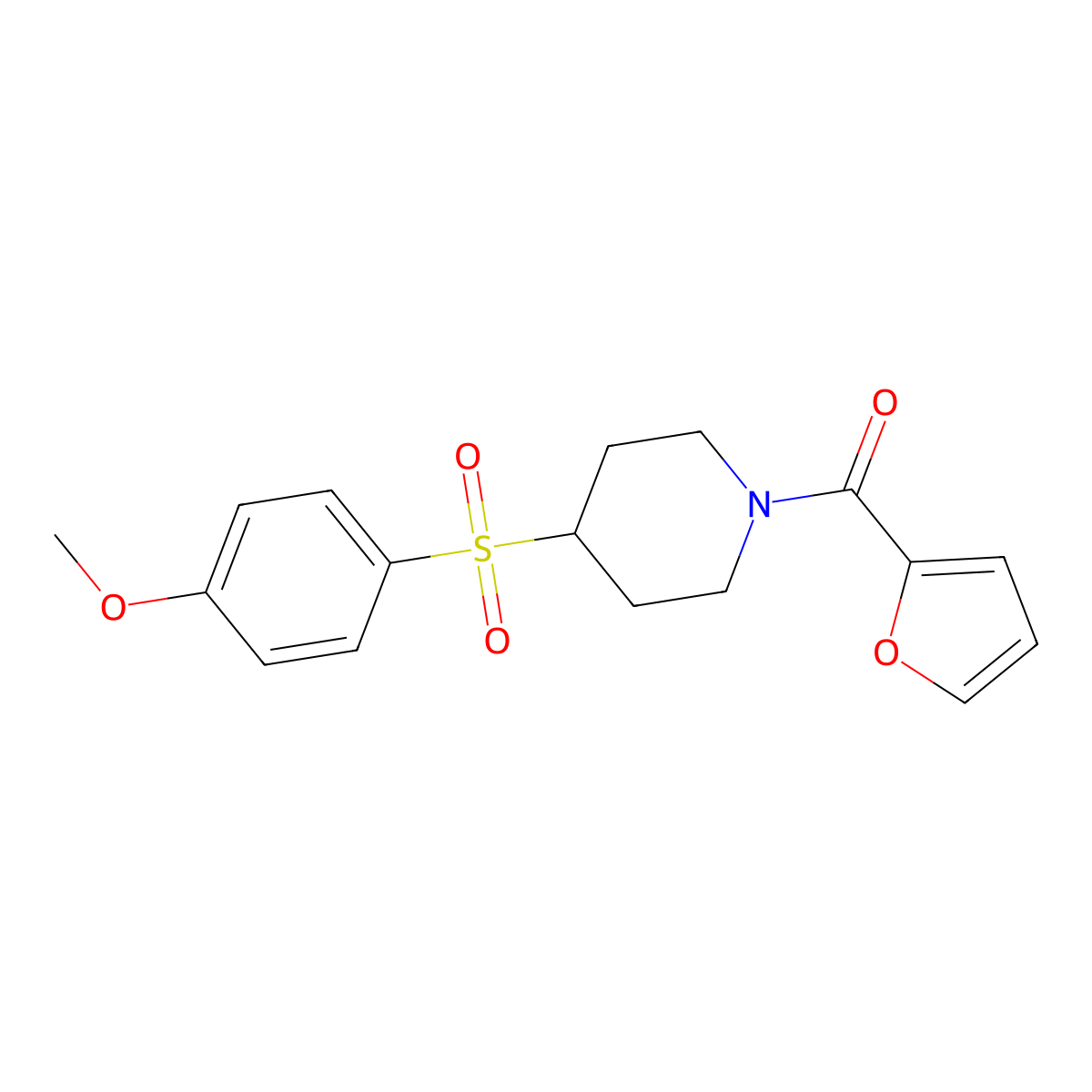 Furan-2-yl(4-((4-methoxyphenyl)sulfonyl)piperidin-1-yl)methanone molecular structure, CAS 1705273-55-7