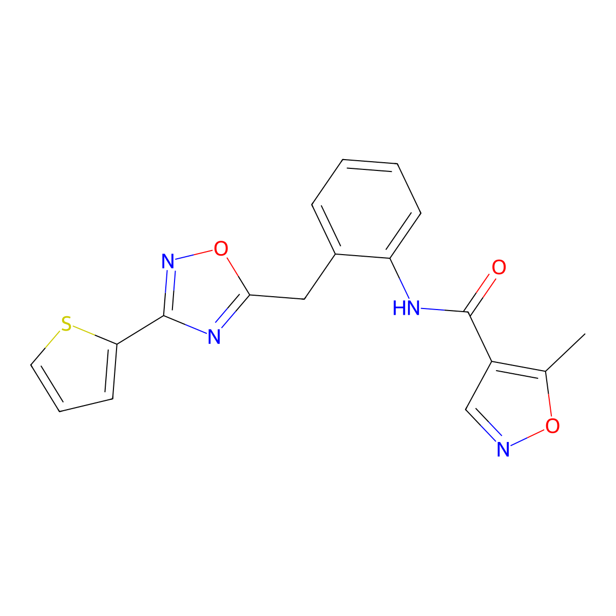 5-methyl-N-(2-((3-(thiophen-2-yl)-1,2,4-oxadiazol-5-yl)methyl)phenyl)isoxazole-4-carboxamide molecular structure, CAS 1705278-15-4