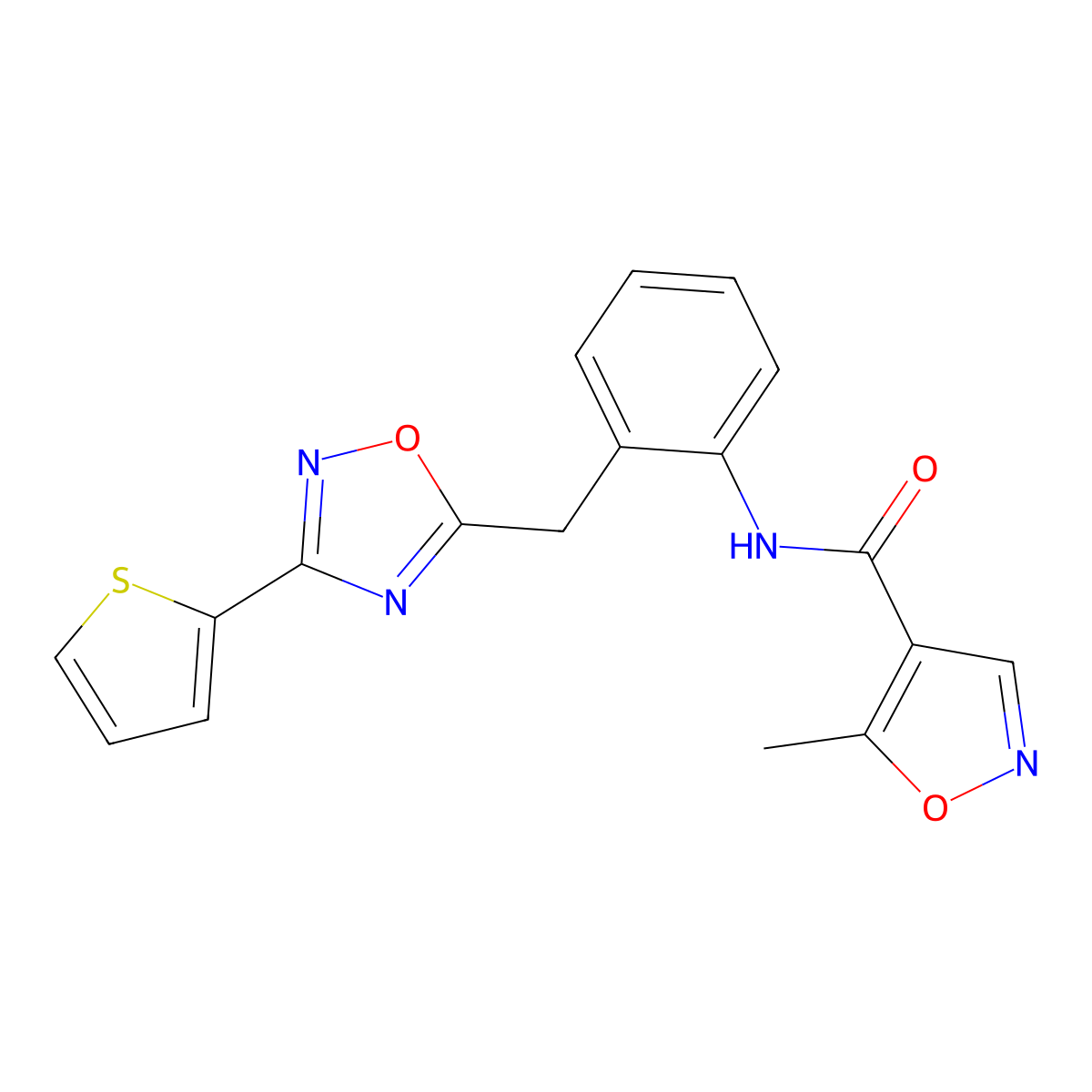 5-methyl-N-(2-((3-(thiophen-2-yl)-1,2,4-oxadiazol-5-yl)methyl)phenyl)isoxazole-4-carboxamide molecular structure, CAS 1705278-15-4
