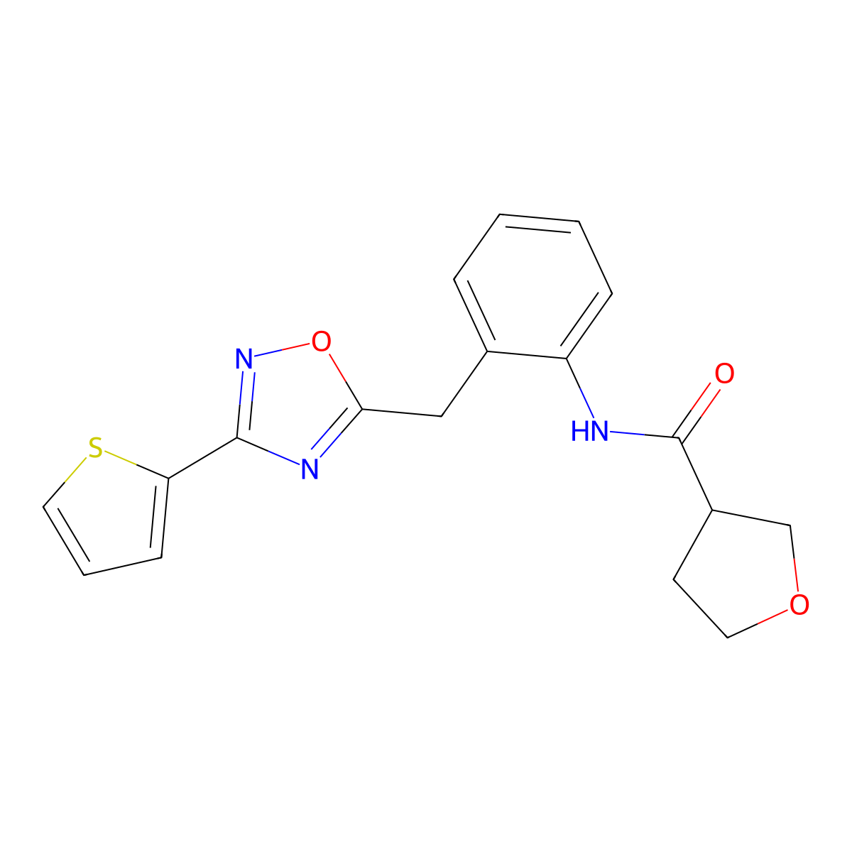 N-(2-((3-(thiophen-2-yl)-1,2,4-oxadiazol-5-yl)methyl)phenyl)tetrahydrofuran-3-carboxamide molecular structure, CAS 1705278-19-8