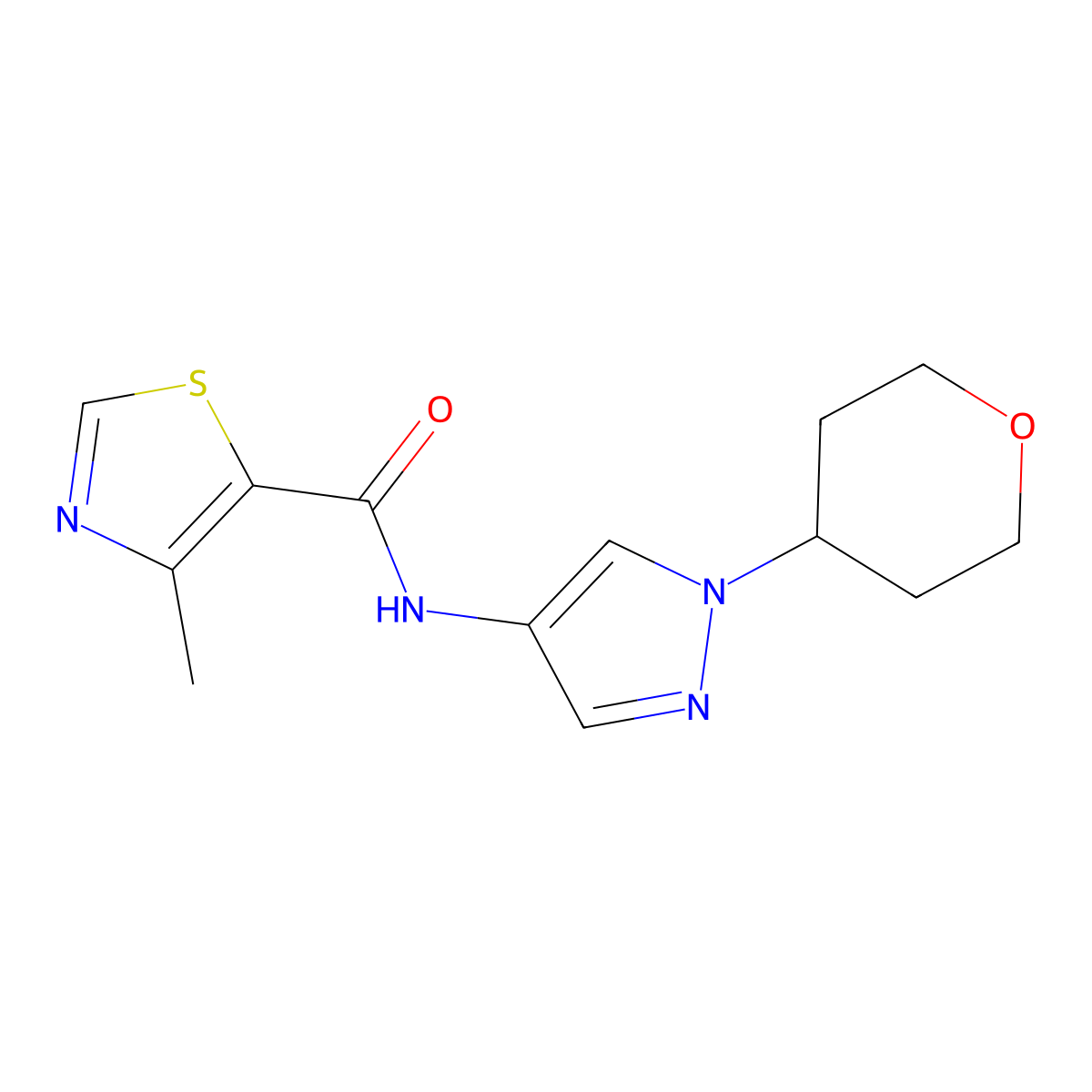 4-methyl-N-(1-(tetrahydro-2H-pyran-4-yl)-1H-pyrazol-4-yl)thiazole-5-carboxamide molecular structure, CAS 1705281-83-9