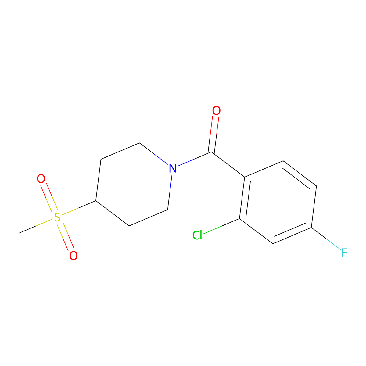 (2-Chloro-4-fluorophenyl)(4-(methylsulfonyl)piperidin-1-yl)methanone molecular structure, CAS 1705291-52-6
