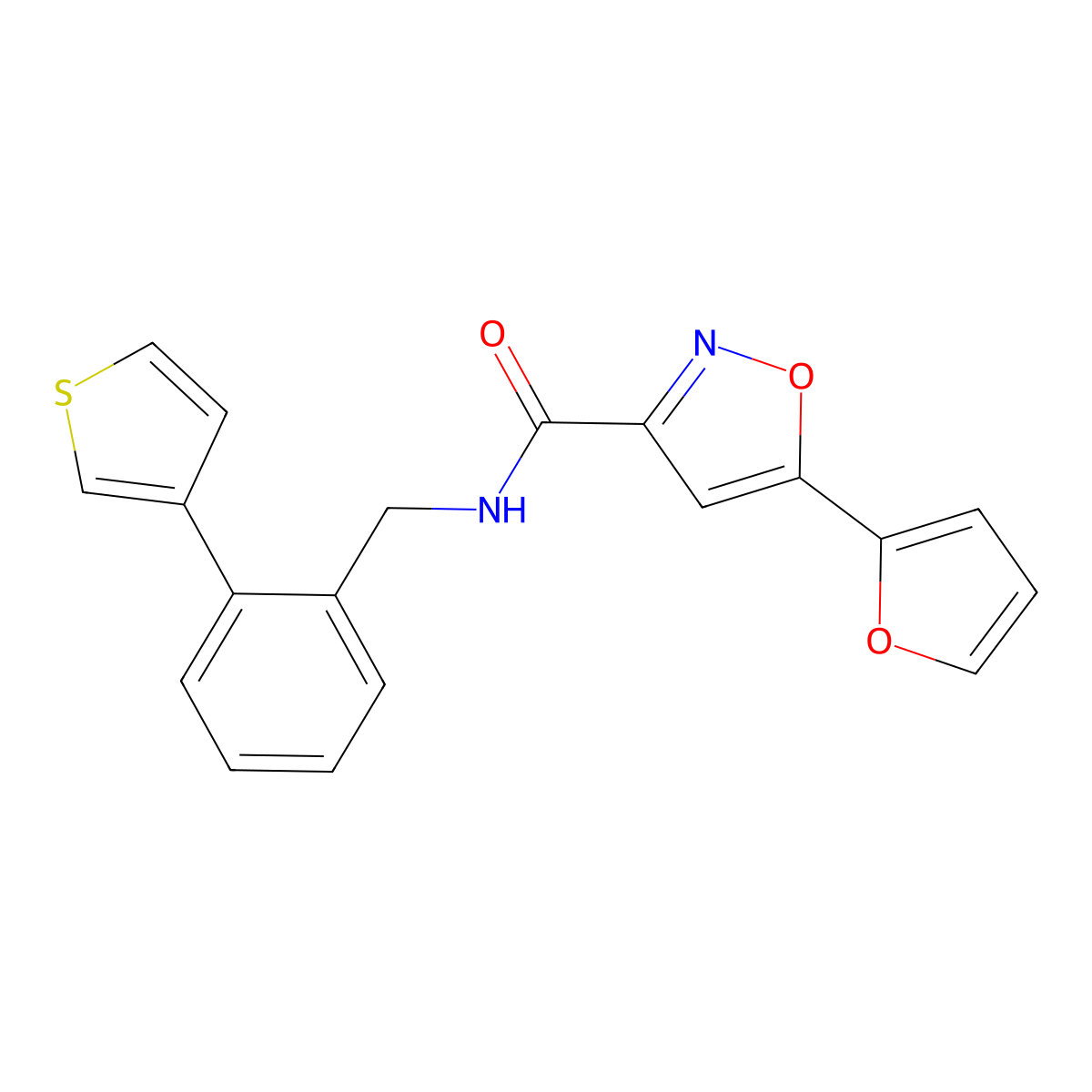 5-(furan-2-yl)-N-{[2-(thiophen-3-yl)phenyl]methyl}-1,2-oxazole-3-carboxamide molecular structure, CAS 1705296-39-4