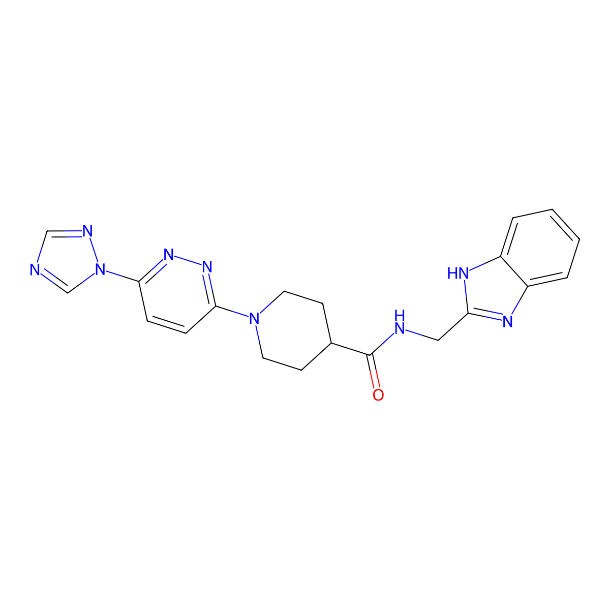 1-(6-(1H-1,2,4-triazol-1-yl)pyridazin-3-yl)-N-((1H-benzo[d]imidazol-2-yl)methyl)piperidine-4-carboxamide molecular structure, CAS 1705300-78-2