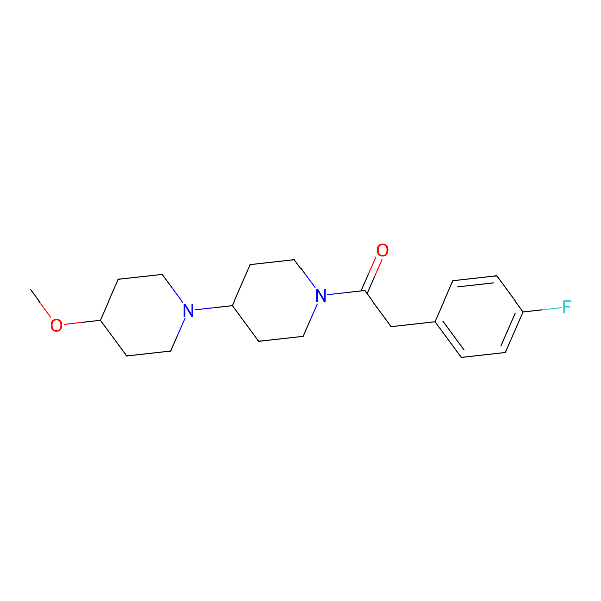 2-(4-Fluorophenyl)-1-{4-methoxy-[1,4'-bipiperidine]-1'-yl}ethan-1-one molecular structure, CAS 1705305-84-5