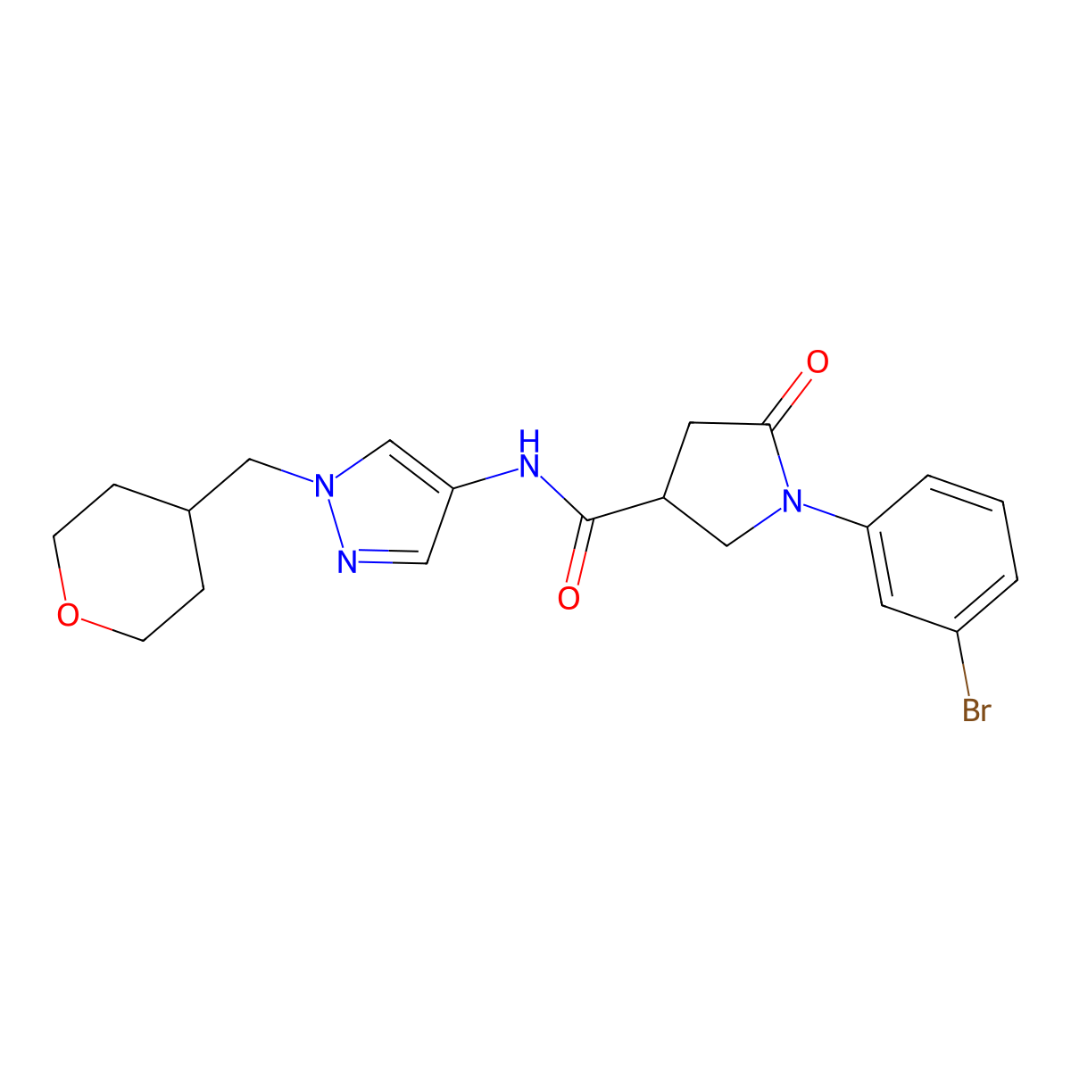 1-(3-bromophenyl)-5-oxo-N-(1-((tetrahydro-2H-pyran-4-yl)methyl)-1H-pyrazol-4-yl)pyrrolidine-3-carboxamide molecular structure, CAS 1705311-08-5
