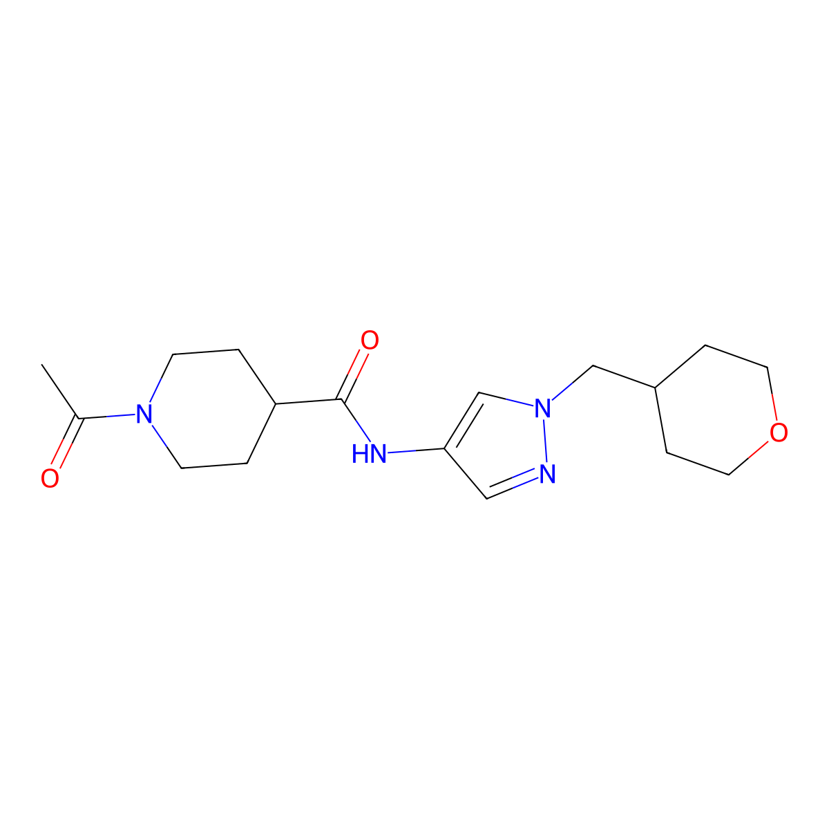 1-acetyl-N-(1-((tetrahydro-2H-pyran-4-yl)methyl)-1H-pyrazol-4-yl)piperidine-4-carboxamide molecular structure, CAS 1705311-14-3