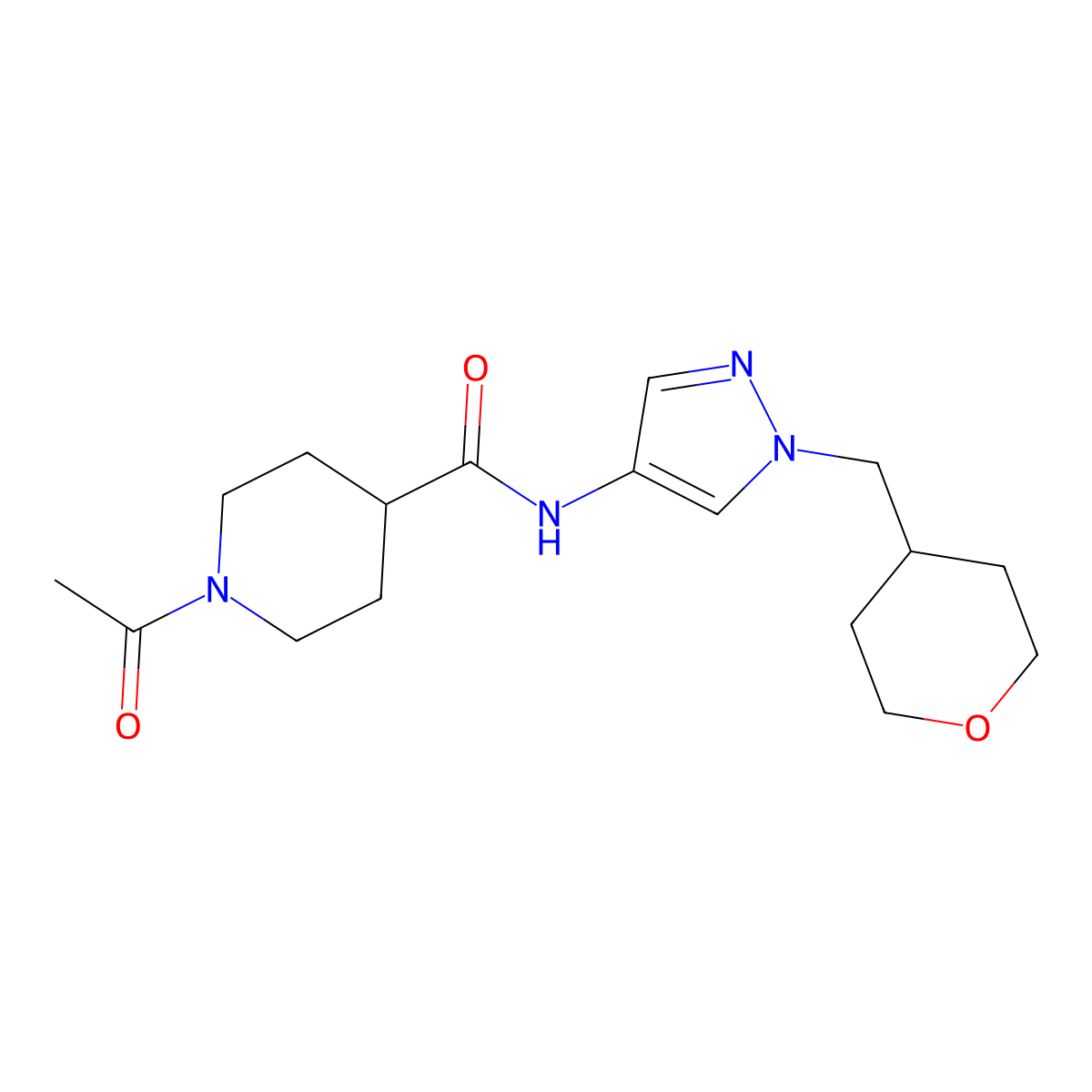1-acetyl-N-(1-((tetrahydro-2H-pyran-4-yl)methyl)-1H-pyrazol-4-yl)piperidine-4-carboxamide molecular structure, CAS 1705311-14-3