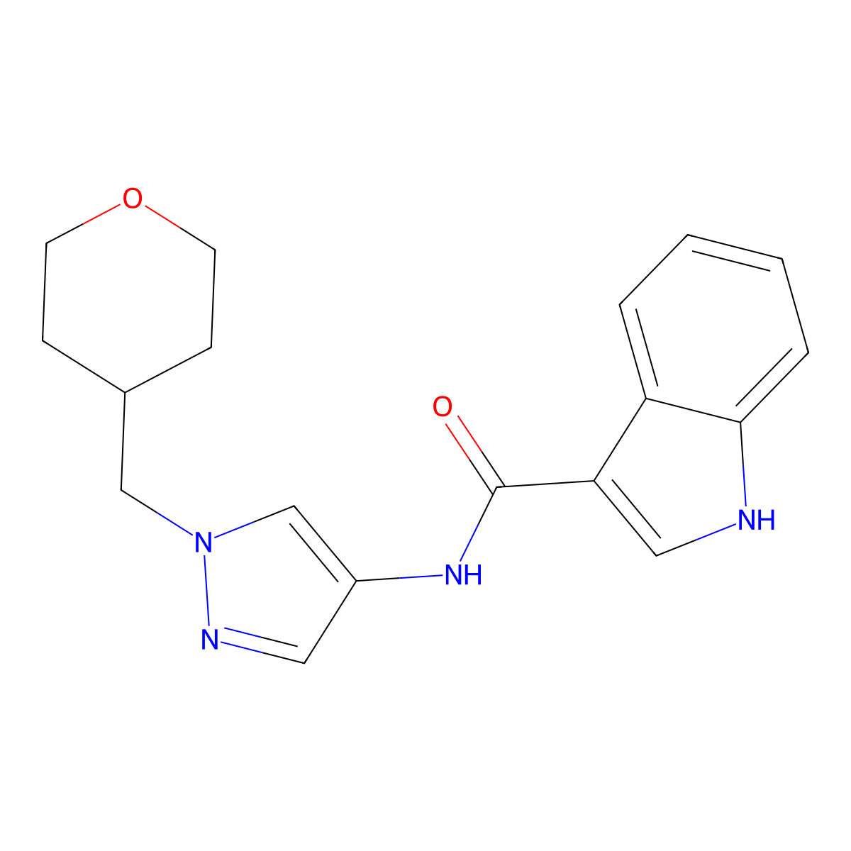 N-(1-((tetrahydro-2H-pyran-4-yl)methyl)-1H-pyrazol-4-yl)-1H-indole-3-carboxamide molecular structure, CAS 1705312-29-3