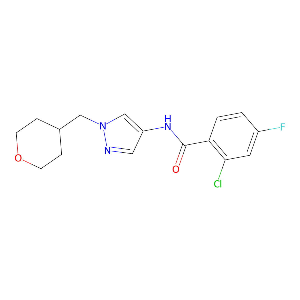 2-chloro-4-fluoro-N-(1-((tetrahydro-2H-pyran-4-yl)methyl)-1H-pyrazol-4-yl)benzamide molecular structure, CAS 1705312-64-6