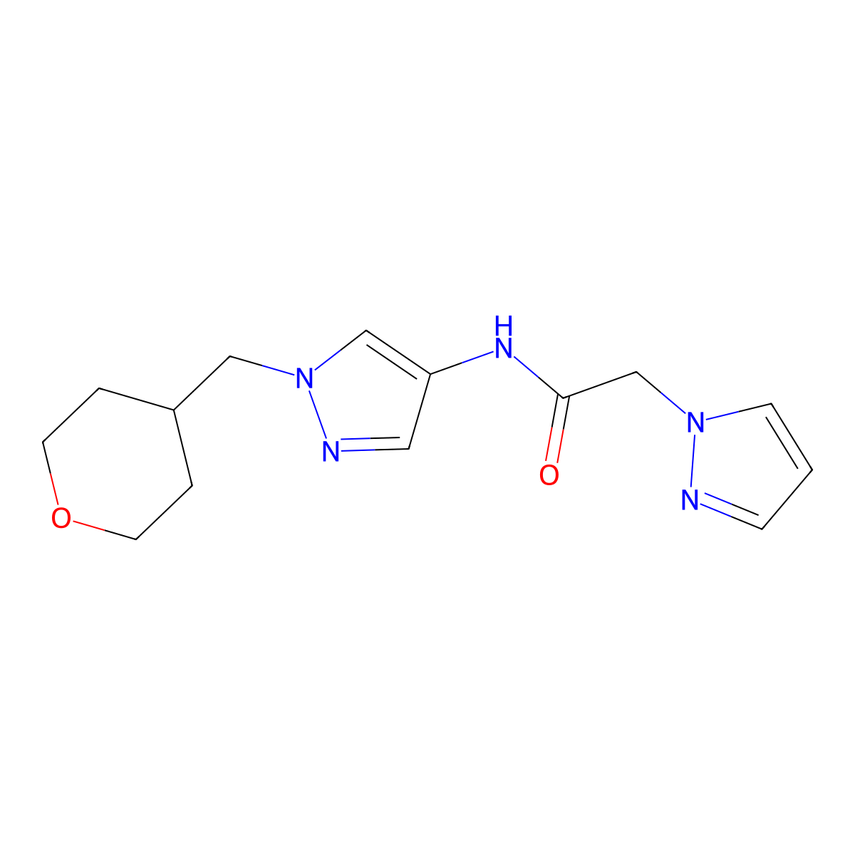 2-(1H-pyrazol-1-yl)-N-(1-((tetrahydro-2H-pyran-4-yl)methyl)-1H-pyrazol-4-yl)acetamide molecular structure, CAS 1705312-87-3