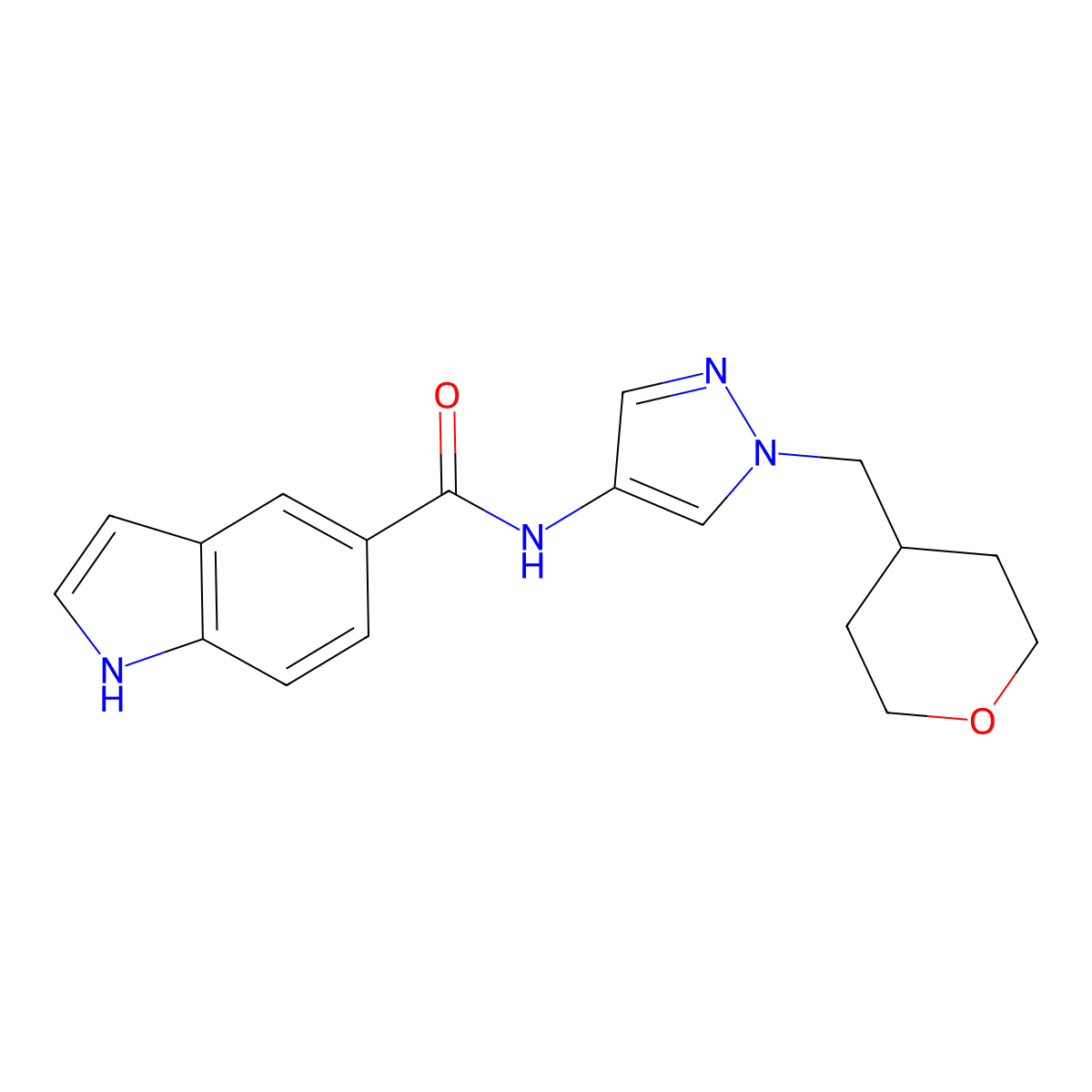 N-(1-((tetrahydro-2H-pyran-4-yl)methyl)-1H-pyrazol-4-yl)-1H-indole-5-carboxamide molecular structure, CAS 1705312-95-3