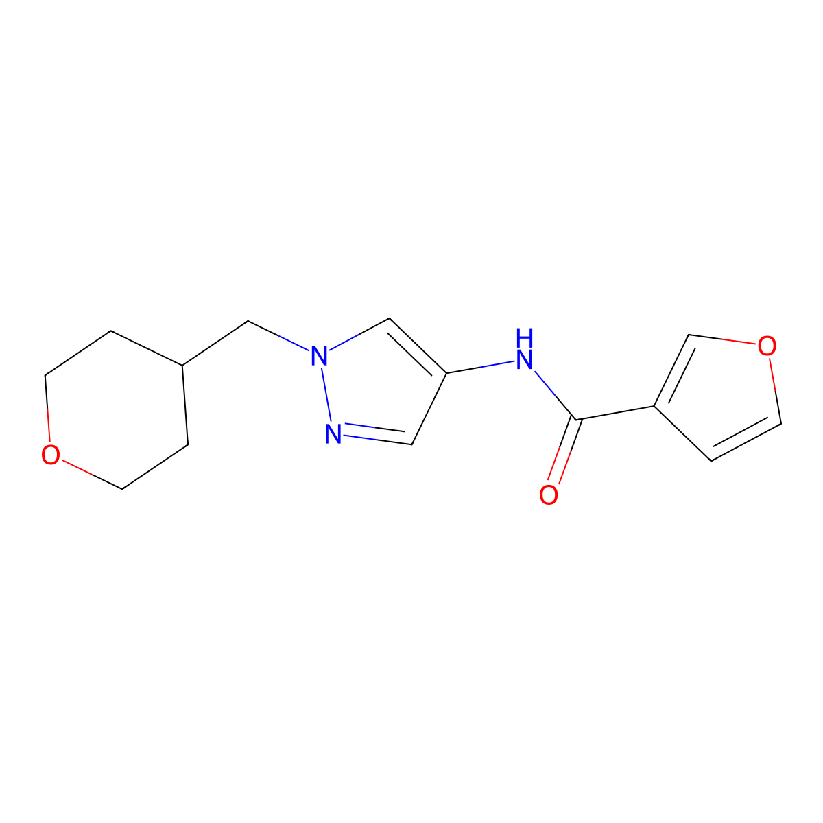 N-(1-((tetrahydro-2H-pyran-4-yl)methyl)-1H-pyrazol-4-yl)furan-3-carboxamide molecular structure, CAS 1705313-25-2