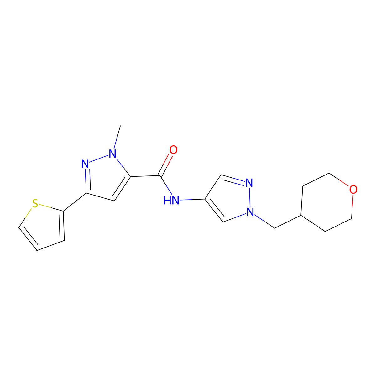 1-methyl-N-(1-((tetrahydro-2H-pyran-4-yl)methyl)-1H-pyrazol-4-yl)-3-(thiophen-2-yl)-1H-pyrazole-5-carboxamide molecular structure, CAS 1705313-34-3