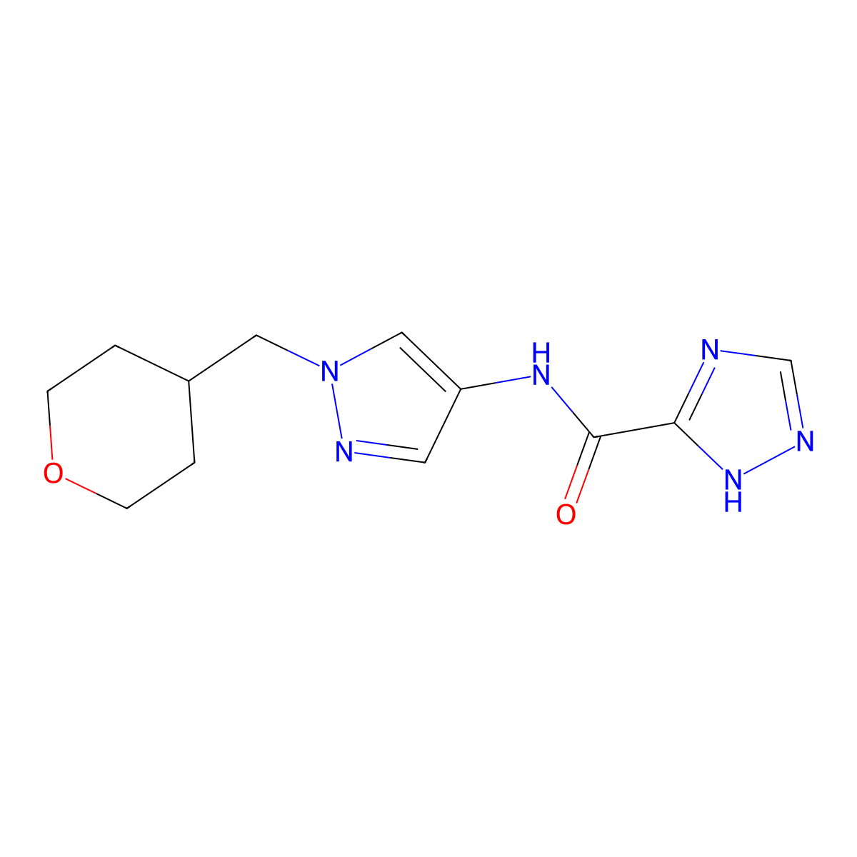 N-(1-((tetrahydro-2H-pyran-4-yl)methyl)-1H-pyrazol-4-yl)-1H-1,2,4-triazole-5-carboxamide molecular structure, CAS 1705314-14-2