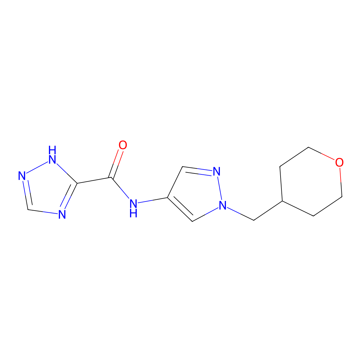 N-(1-((tetrahydro-2H-pyran-4-yl)methyl)-1H-pyrazol-4-yl)-1H-1,2,4-triazole-5-carboxamide molecular structure, CAS 1705314-14-2
