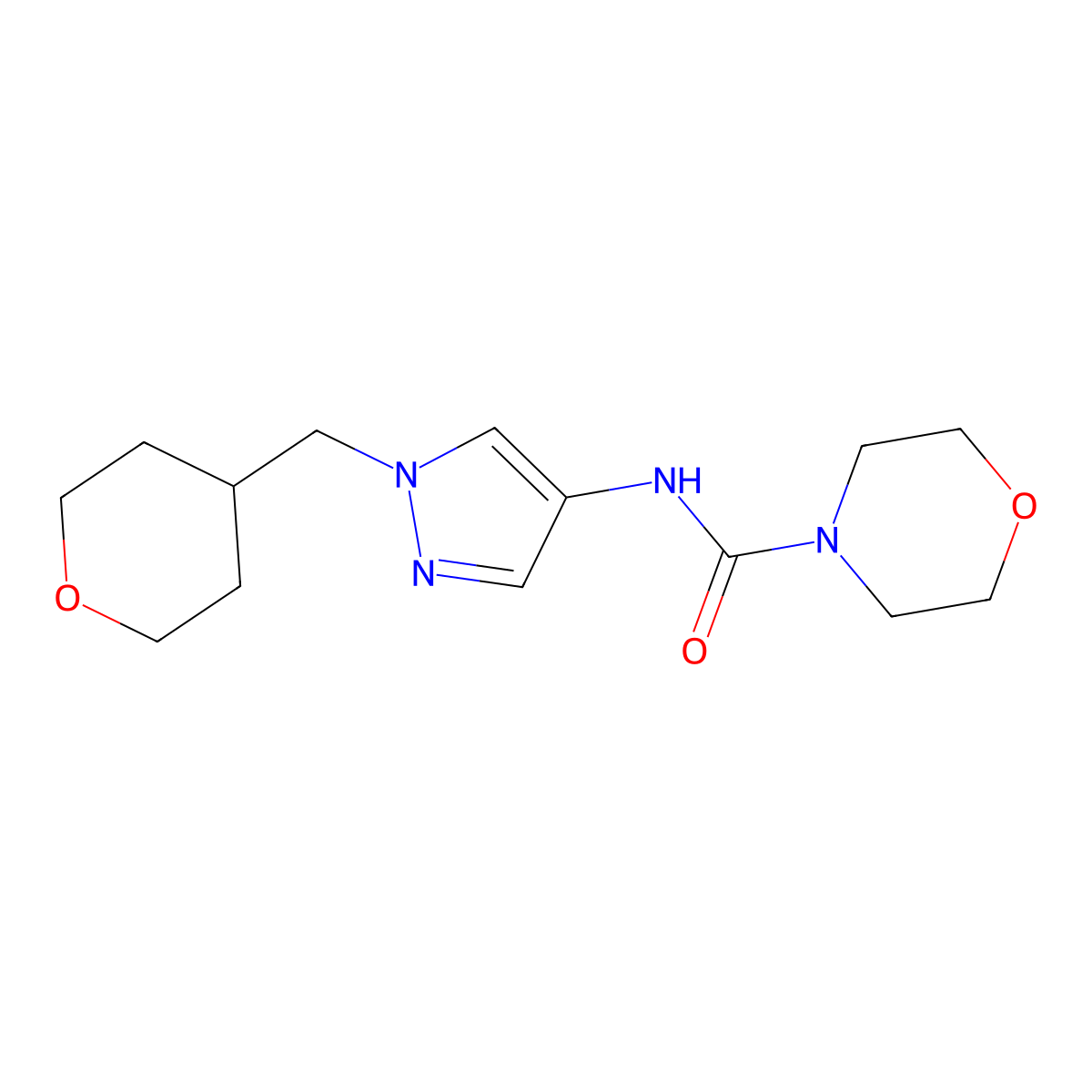 N-(1-((tetrahydro-2H-pyran-4-yl)methyl)-1H-pyrazol-4-yl)morpholine-4-carboxamide molecular structure, CAS 1705314-44-8