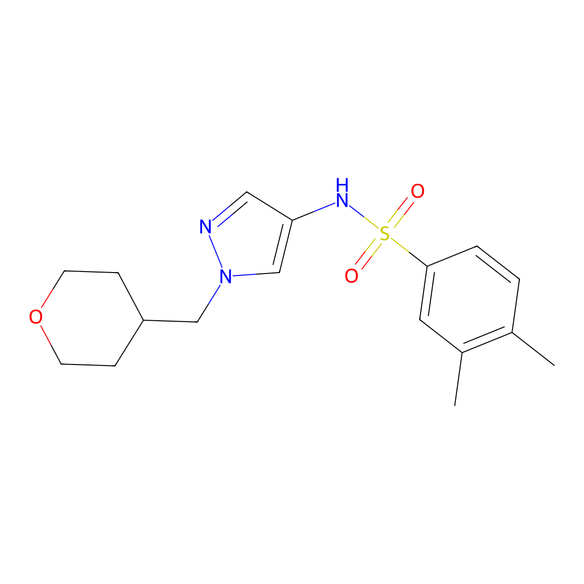 3,4-dimethyl-N-(1-((tetrahydro-2H-pyran-4-yl)methyl)-1H-pyrazol-4-yl)benzenesulfonamide molecular structure, CAS 1705314-64-2