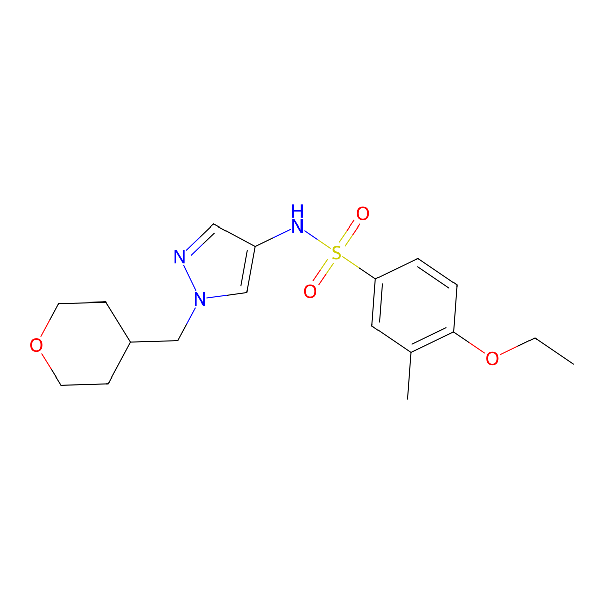 4-ethoxy-3-methyl-N-(1-((tetrahydro-2H-pyran-4-yl)methyl)-1H-pyrazol-4-yl)benzenesulfonamide molecular structure, CAS 1705314-92-6