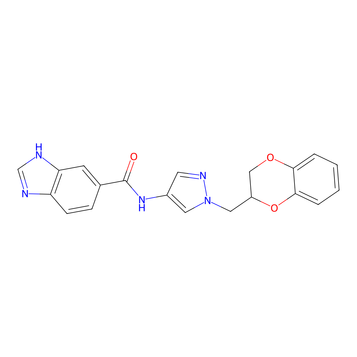 N-(1-((2,3-dihydrobenzo[b][1,4]dioxin-2-yl)methyl)-1H-pyrazol-4-yl)-1H-benzo[d]imidazole-5-carboxamide molecular structure, CAS 1705315-21-4