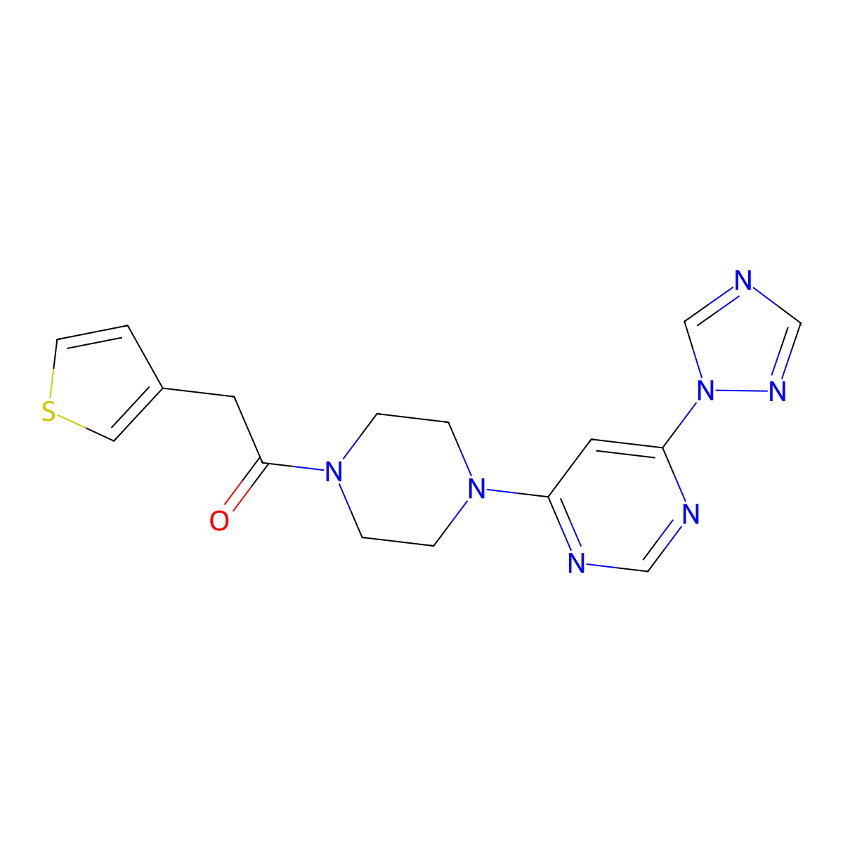 1-(4-(6-(1H-1,2,4-triazol-1-yl)pyrimidin-4-yl)piperazin-1-yl)-2-(thiophen-3-yl)ethanone molecular structure, CAS 1705320-56-4