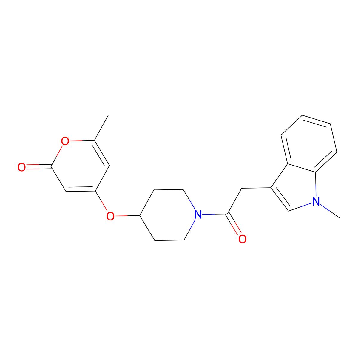 6-methyl-4-({1-[2-(1-methyl-1H-indol-3-yl)acetyl]piperidin-4-yl}oxy)-2H-pyran-2-one molecular structure, CAS 1705328-52-4