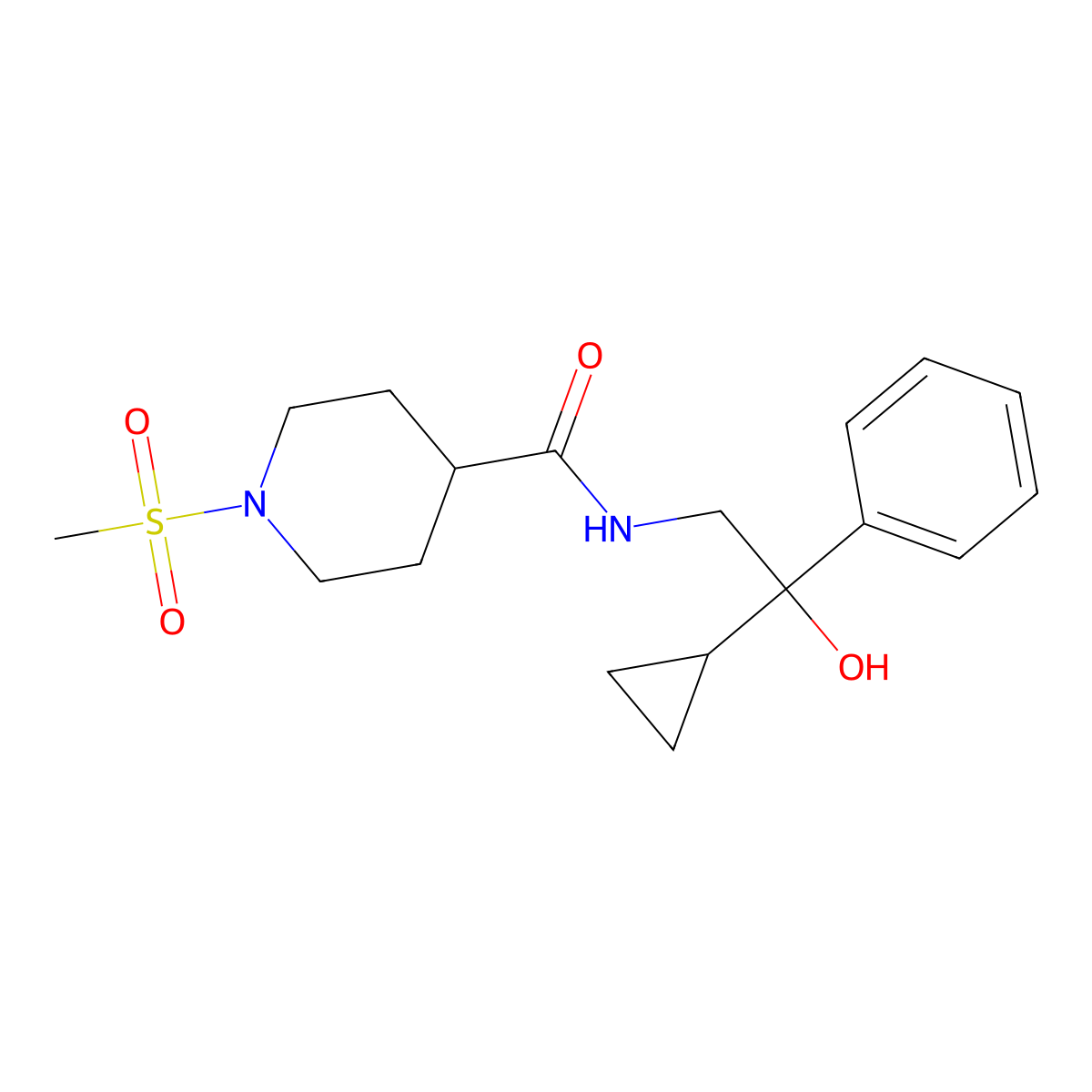 N-(2-cyclopropyl-2-hydroxy-2-phenylethyl)-1-(methylsulfonyl)piperidine-4-carboxamide molecular structure, CAS 1705328-92-2