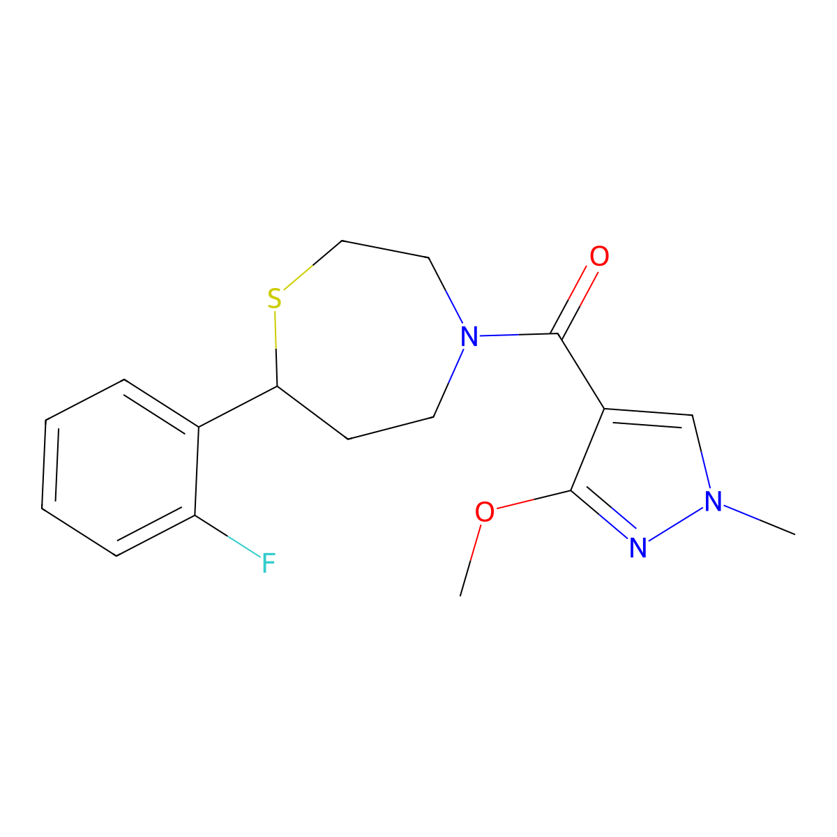 (7-(2-fluorophenyl)-1,4-thiazepan-4-yl)(3-methoxy-1-methyl-1H-pyrazol-4-yl)methanone molecular structure, CAS 1705331-64-1