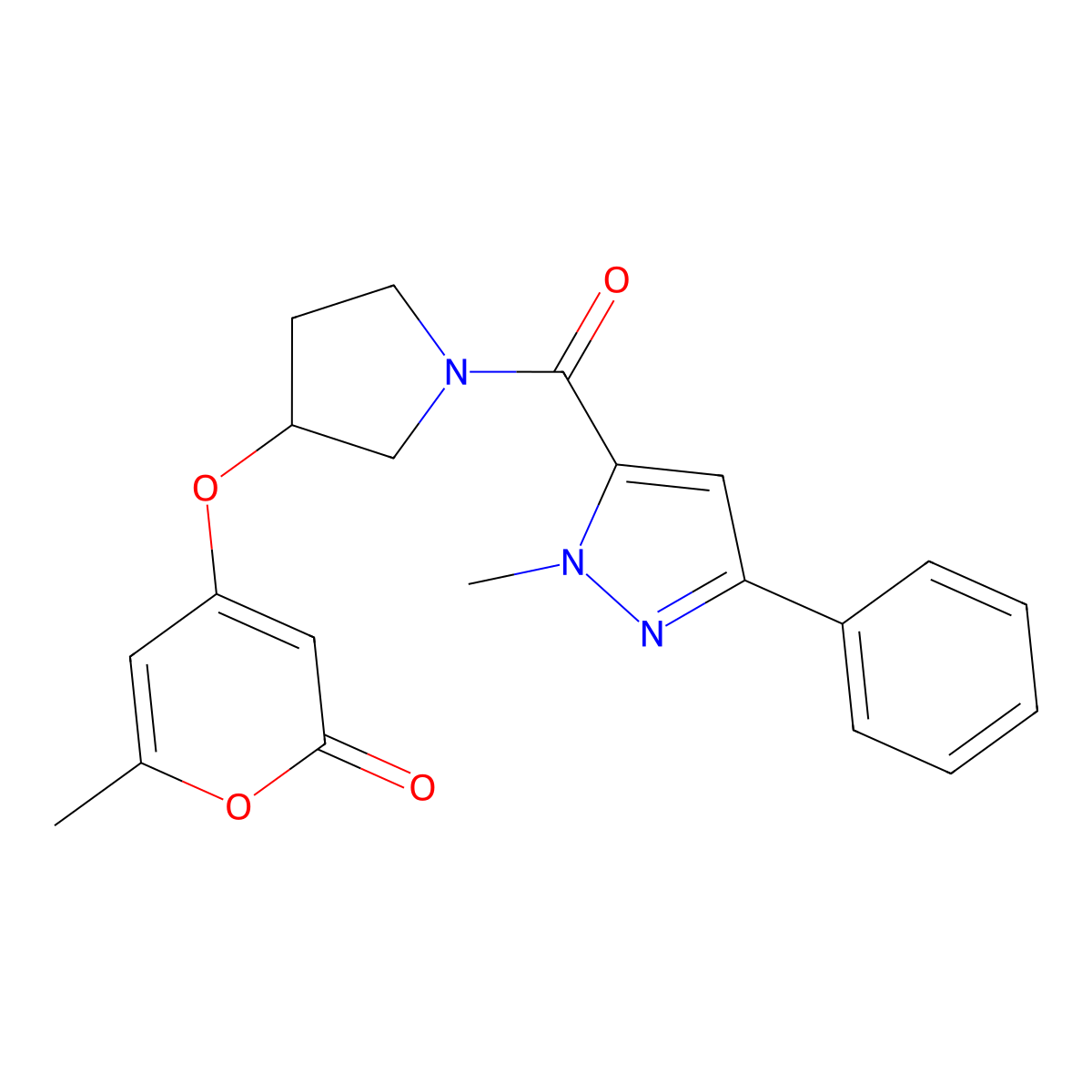6-methyl-4-((1-(1-methyl-3-phenyl-1H-pyrazole-5-carbonyl)pyrrolidin-3-yl)oxy)-2H-pyran-2-one molecular structure, CAS 1705333-55-6