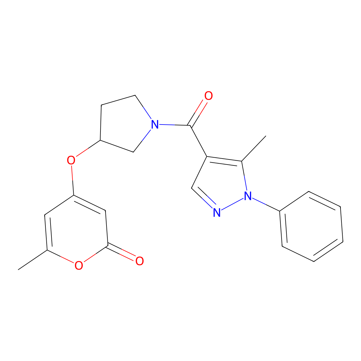 6-methyl-4-{[1-(5-methyl-1-phenyl-1H-pyrazole-4-carbonyl)pyrrolidin-3-yl]oxy}-2H-pyran-2-one molecular structure, CAS 1705334-05-9