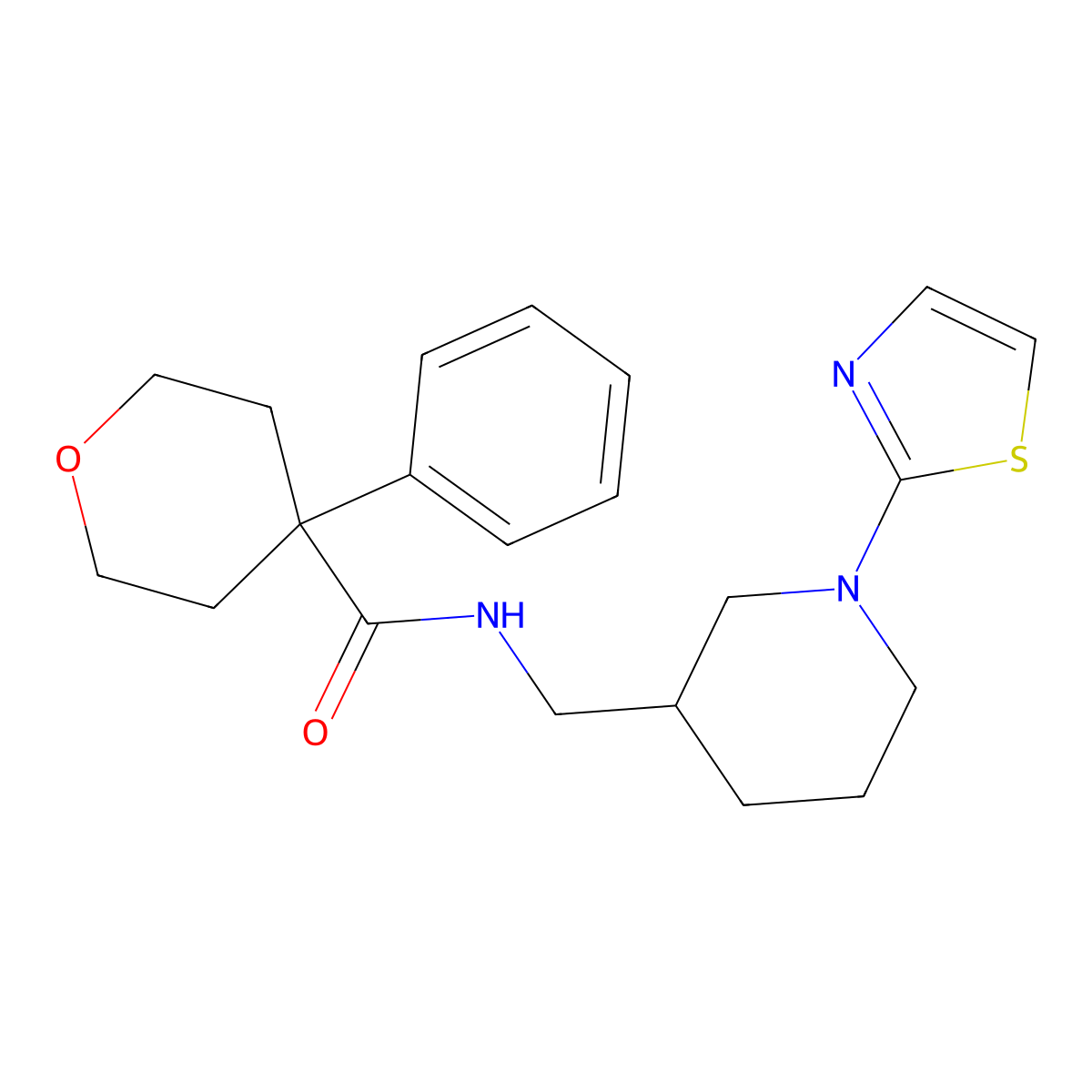 4-phenyl-N-((1-(thiazol-2-yl)piperidin-3-yl)methyl)tetrahydro-2H-pyran-4-carboxamide molecular structure, CAS 1705343-00-5