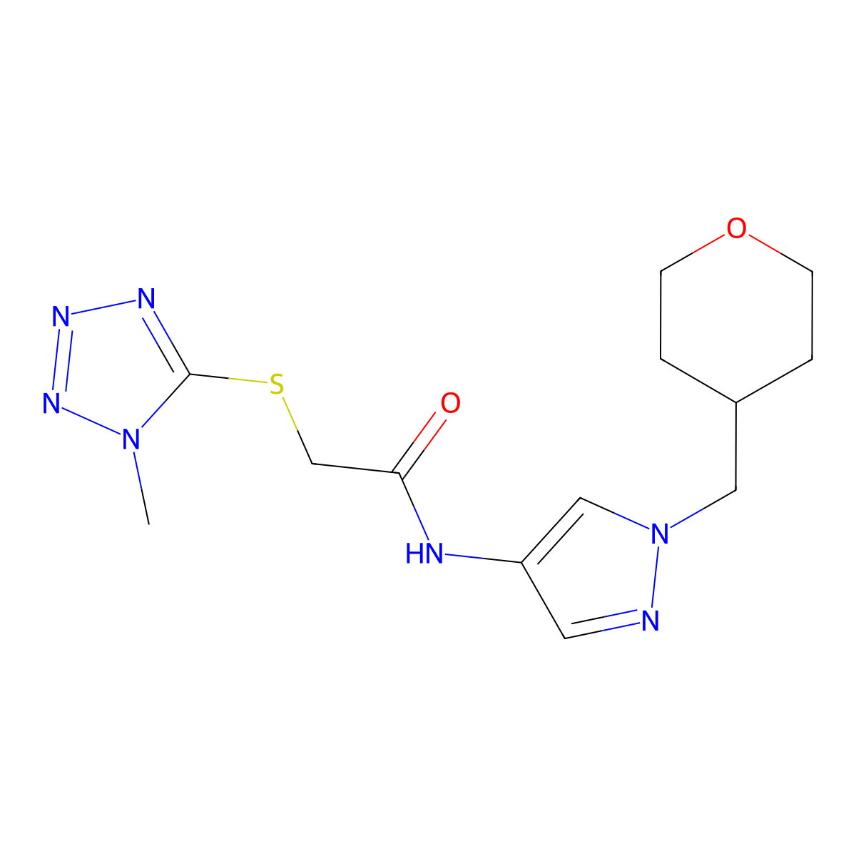2-((1-methyl-1H-tetrazol-5-yl)thio)-N-(1-((tetrahydro-2H-pyran-4-yl)methyl)-1H-pyrazol-4-yl)acetamide molecular structure, CAS 1705344-03-1