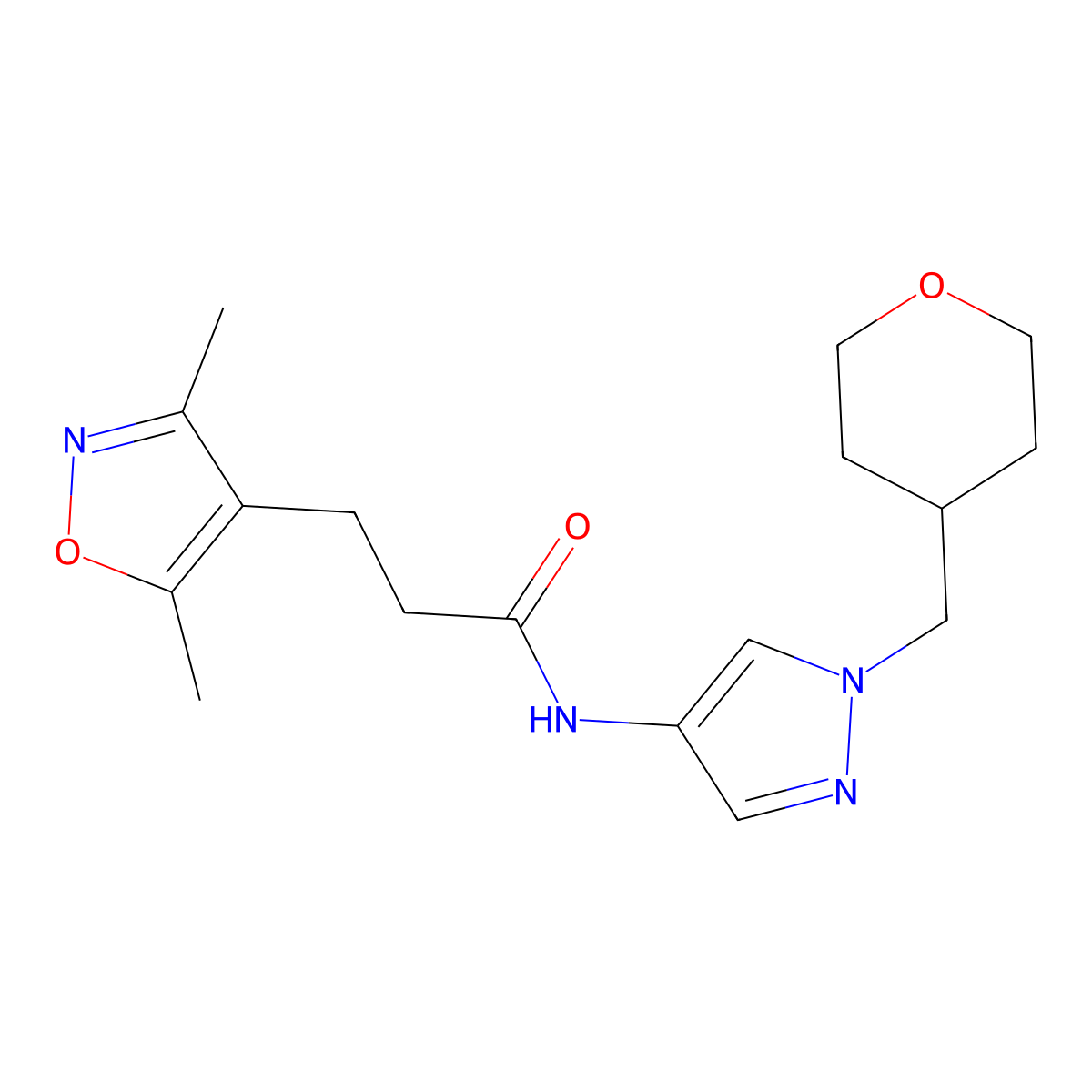 3-(3,5-dimethylisoxazol-4-yl)-N-(1-((tetrahydro-2H-pyran-4-yl)methyl)-1H-pyrazol-4-yl)propanamide molecular structure, CAS 1705344-75-7