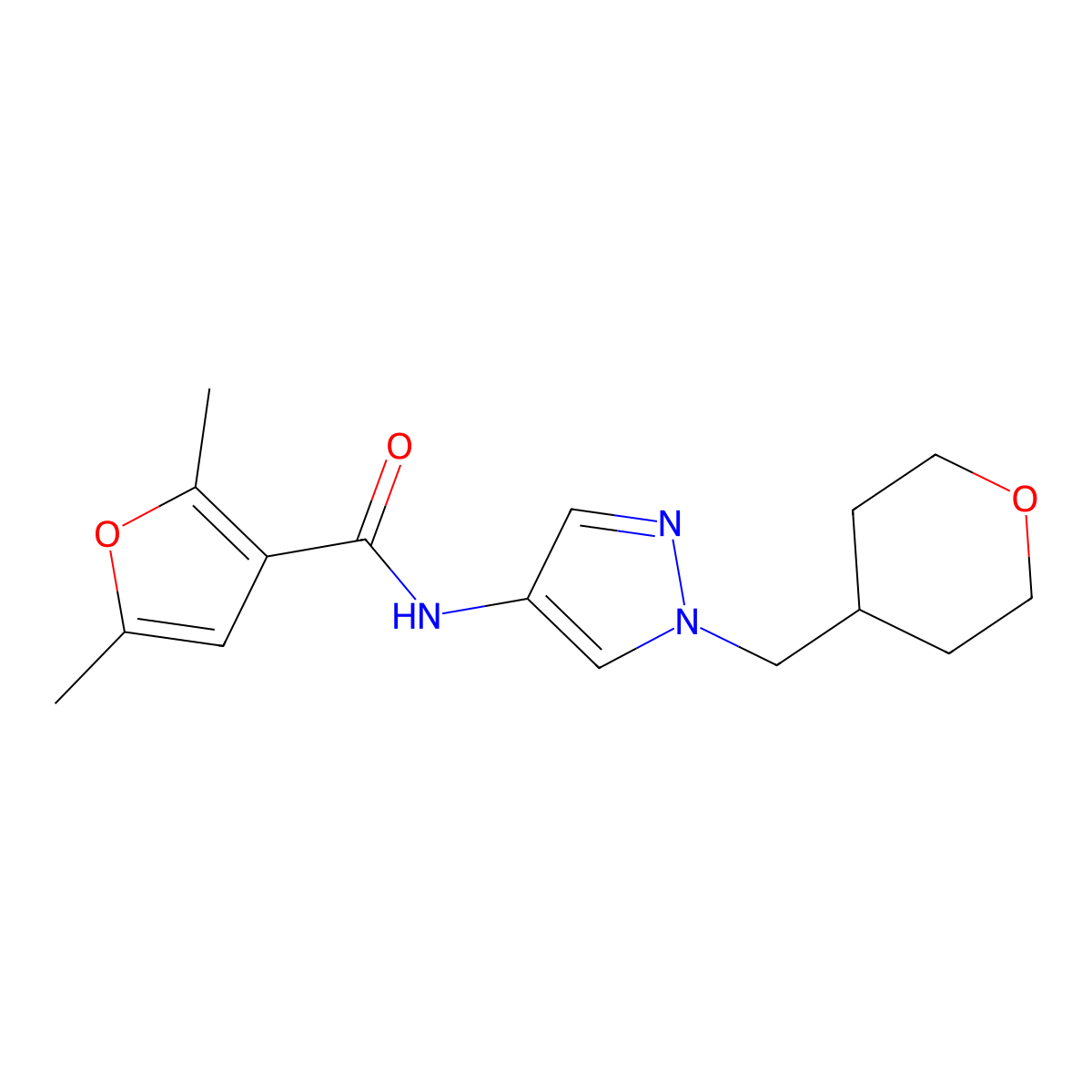 2,5-dimethyl-N-(1-((tetrahydro-2H-pyran-4-yl)methyl)-1H-pyrazol-4-yl)furan-3-carboxamide molecular structure, CAS 1705344-97-3