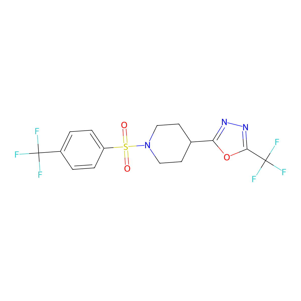 2-(Trifluoromethyl)-5-(1-((4-(trifluoromethyl)phenyl)sulfonyl)piperidin-4-yl)-1,3,4-oxadiazole molecular structure, CAS 1705349-48-9