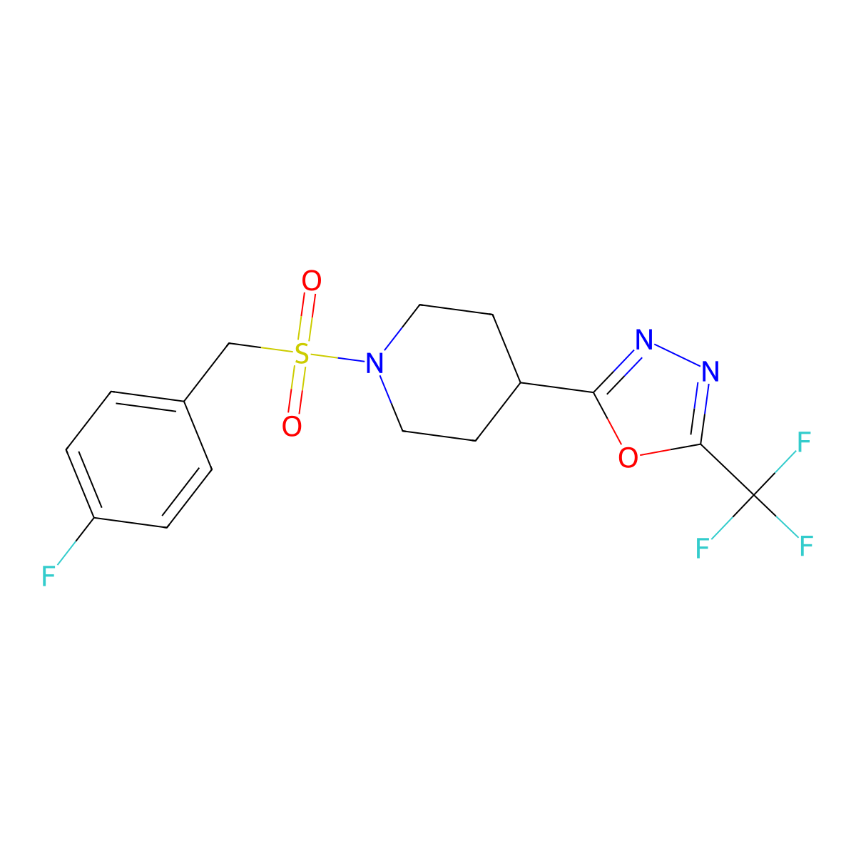 2-(1-((4-Fluorobenzyl)sulfonyl)piperidin-4-yl)-5-(trifluoromethyl)-1,3,4-oxadiazole molecular structure, CAS 1705349-56-9