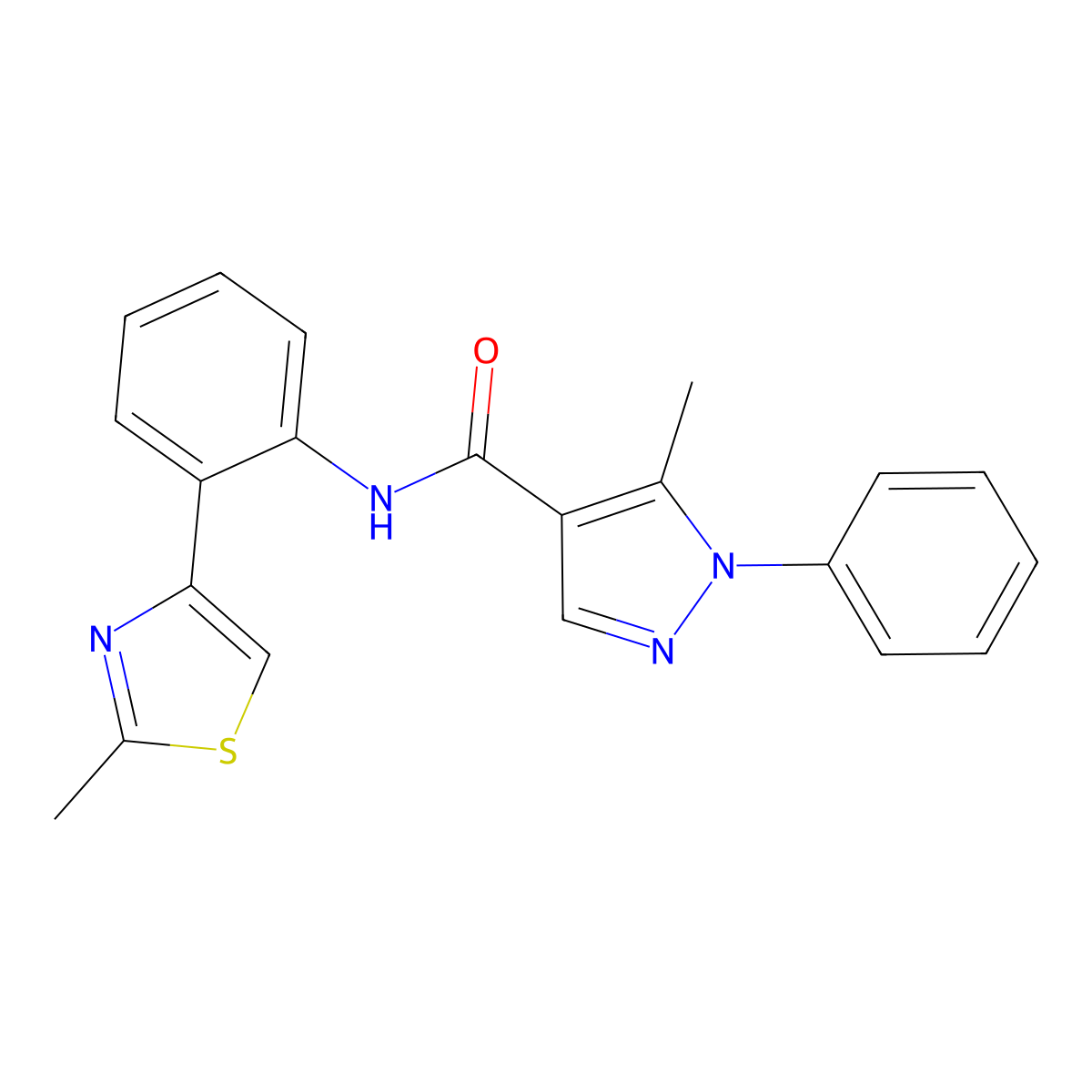 5-methyl-N-(2-(2-methylthiazol-4-yl)phenyl)-1-phenyl-1H-pyrazole-4-carboxamide molecular structure, CAS 1705350-26-0