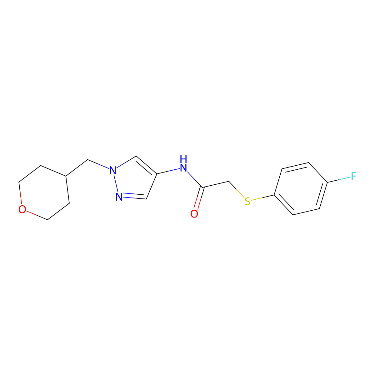 2-((4-fluorophenyl)thio)-N-(1-((tetrahydro-2H-pyran-4-yl)methyl)-1H-pyrazol-4-yl)acetamide molecular structure, CAS 1705350-86-2