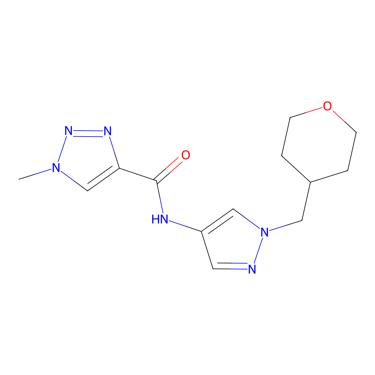 1-methyl-N-(1-((tetrahydro-2H-pyran-4-yl)methyl)-1H-pyrazol-4-yl)-1H-1,2,3-triazole-4-carboxamide molecular structure, CAS 1705351-06-9