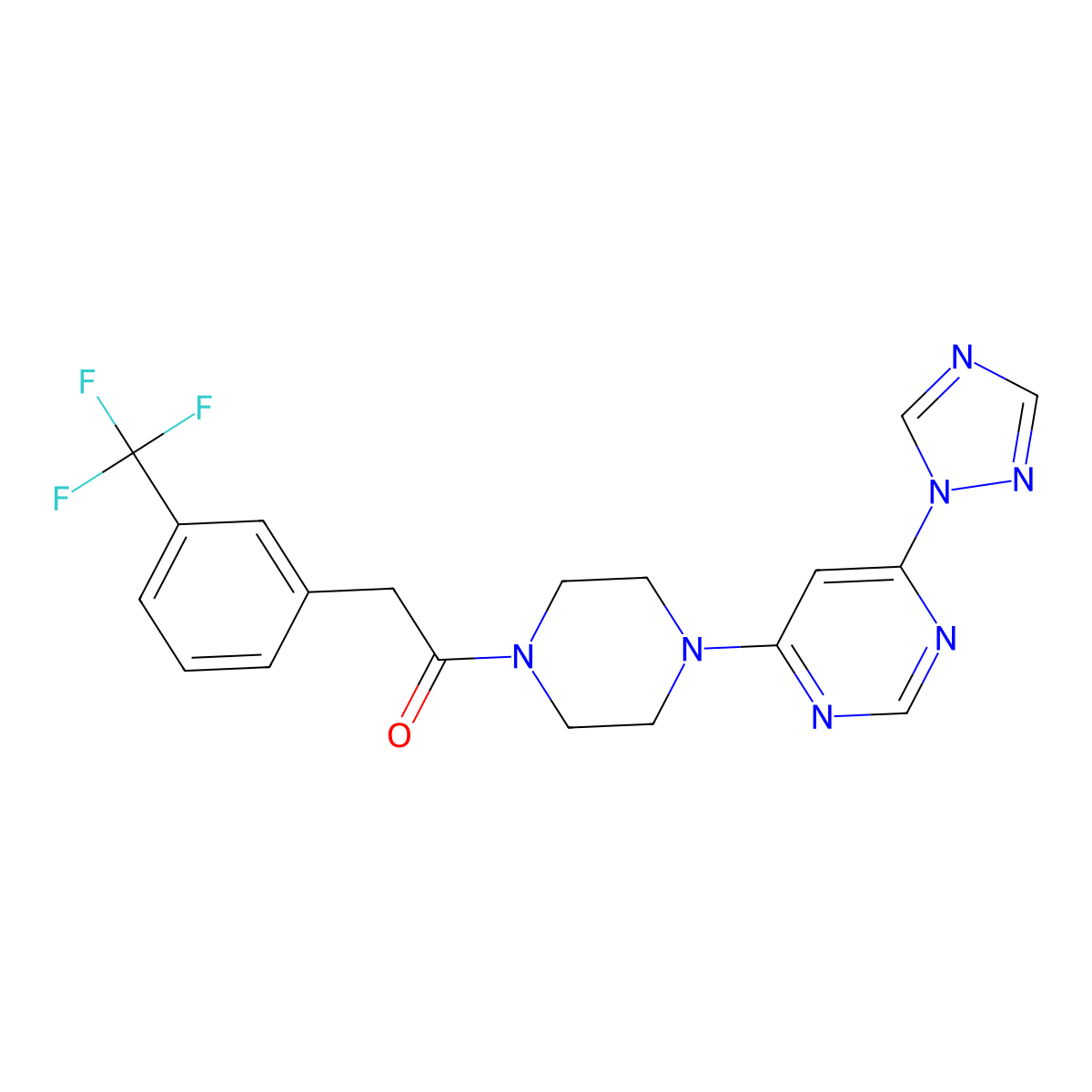 1-(4-(6-(1H-1,2,4-triazol-1-yl)pyrimidin-4-yl)piperazin-1-yl)-2-(3-(trifluoromethyl)phenyl)ethanone molecular structure, CAS 1705351-21-8