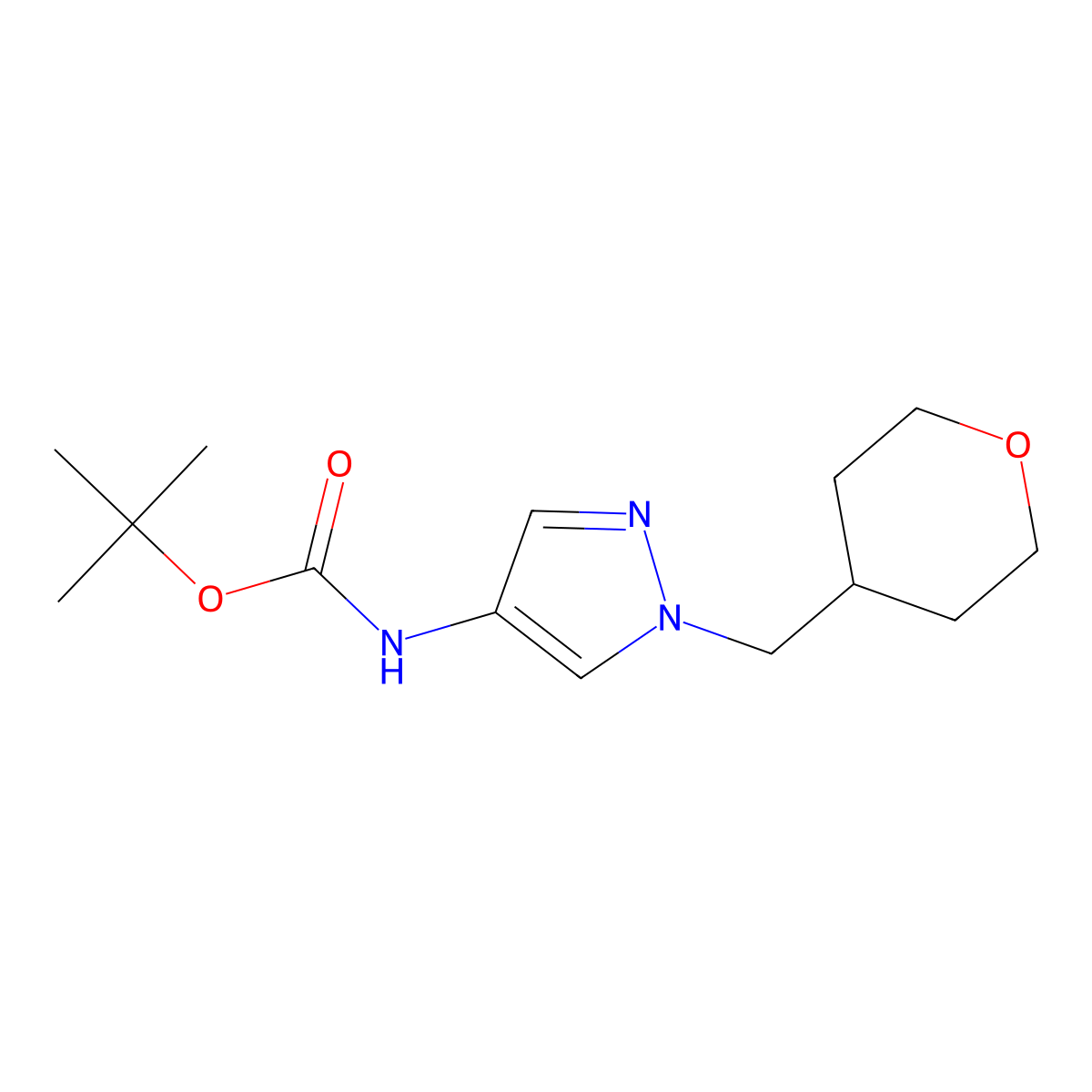 tert-butyl (1-((tetrahydro-2H-pyran-4-yl)methyl)-1H-pyrazol-4-yl)carbamate molecular structure, CAS 1705351-29-6