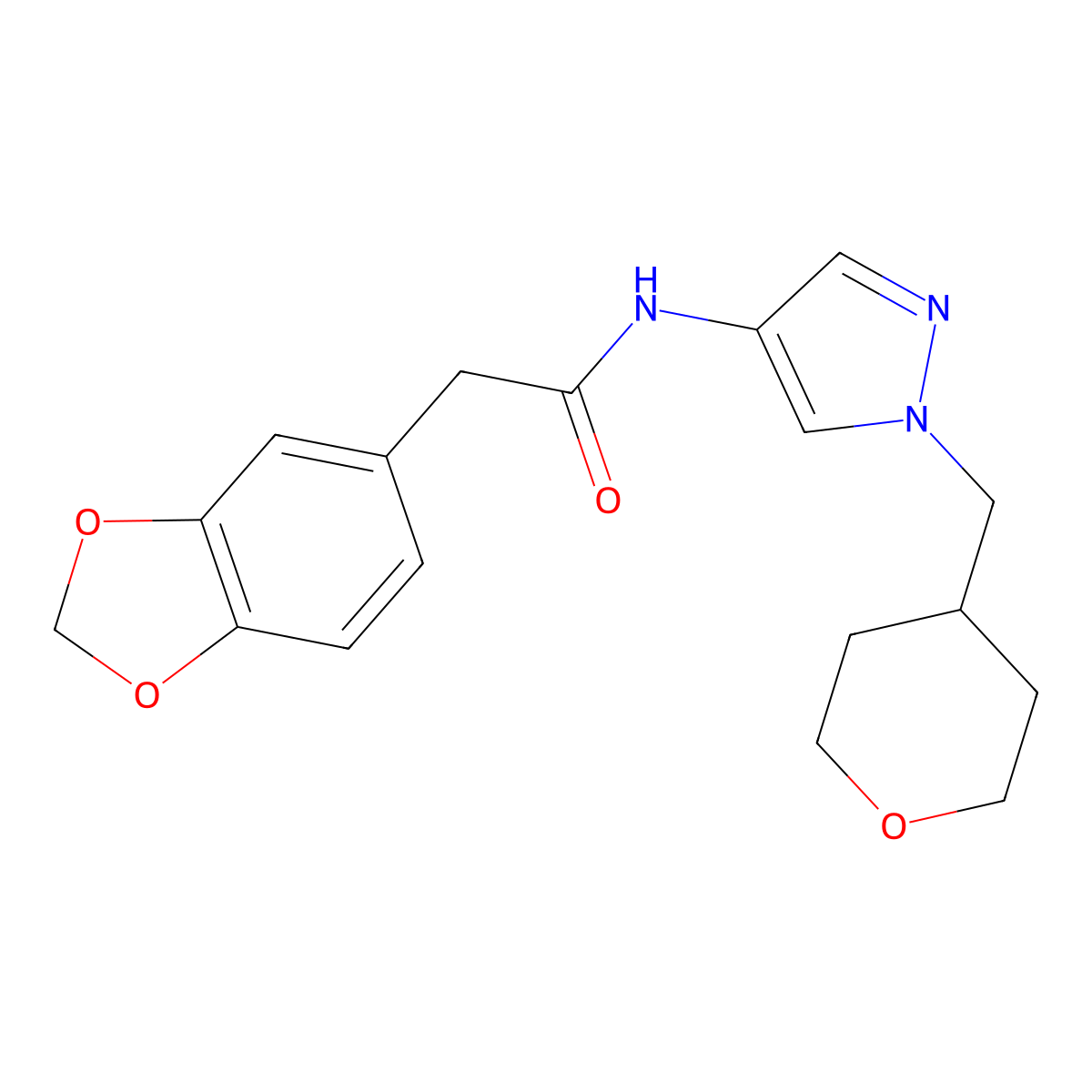 2-(benzo[d][1,3]dioxol-5-yl)-N-(1-((tetrahydro-2H-pyran-4-yl)methyl)-1H-pyrazol-4-yl)acetamide molecular structure, CAS 1705351-47-8