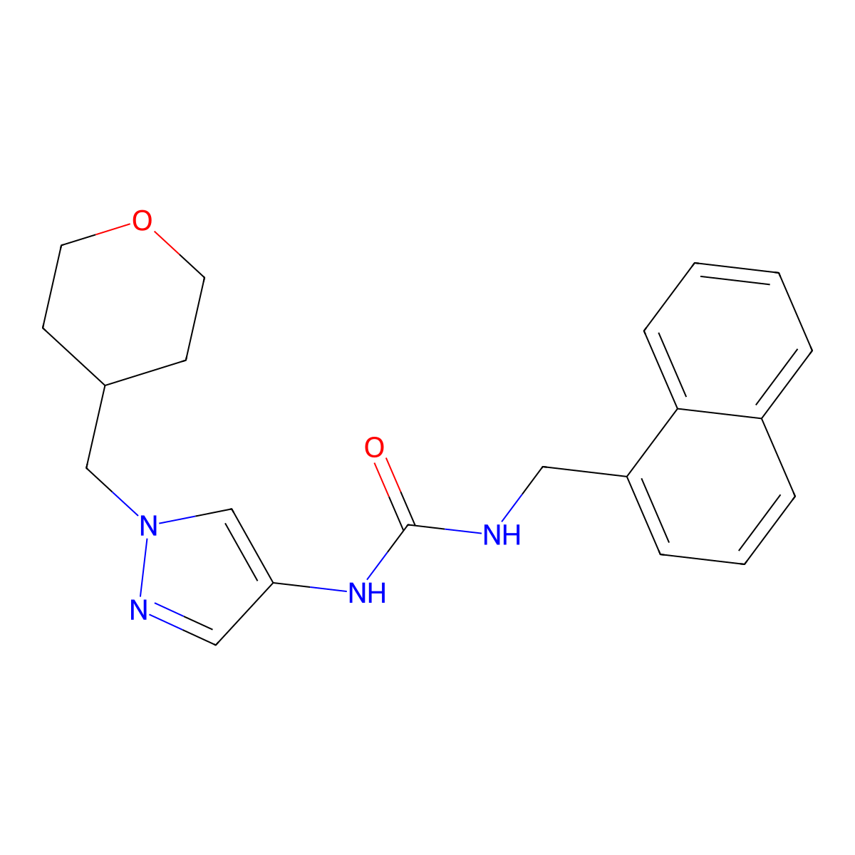 1-(naphthalen-1-ylmethyl)-3-(1-((tetrahydro-2H-pyran-4-yl)methyl)-1H-pyrazol-4-yl)urea molecular structure, CAS 1705351-89-8