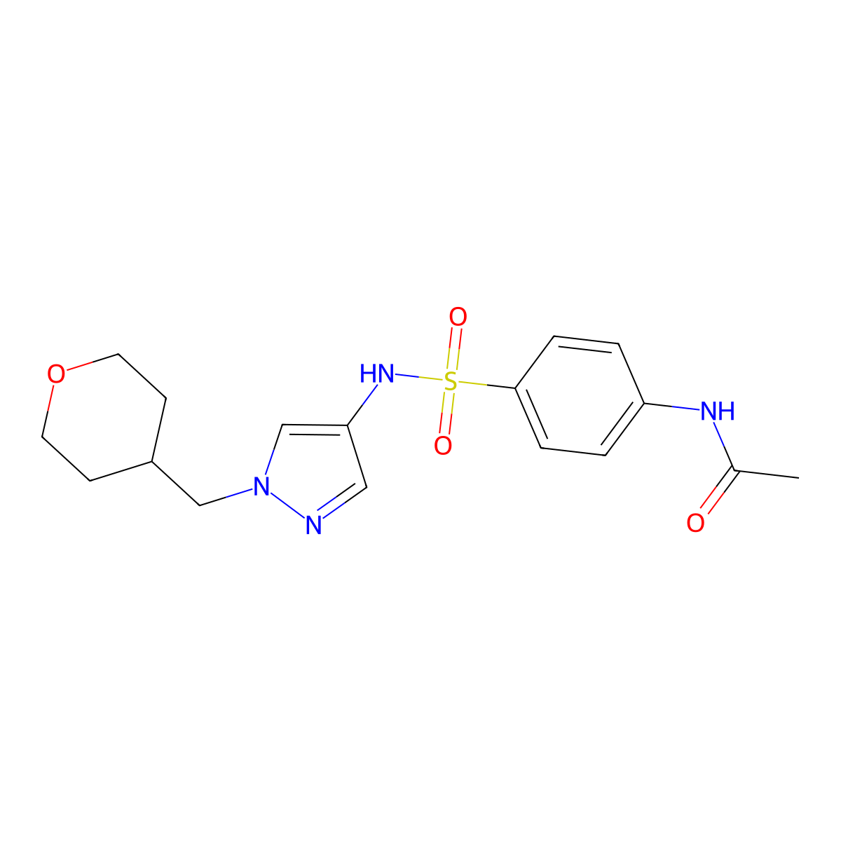 N-(4-(N-(1-((tetrahydro-2H-pyran-4-yl)methyl)-1H-pyrazol-4-yl)sulfamoyl)phenyl)acetamide molecular structure, CAS 1705352-10-8